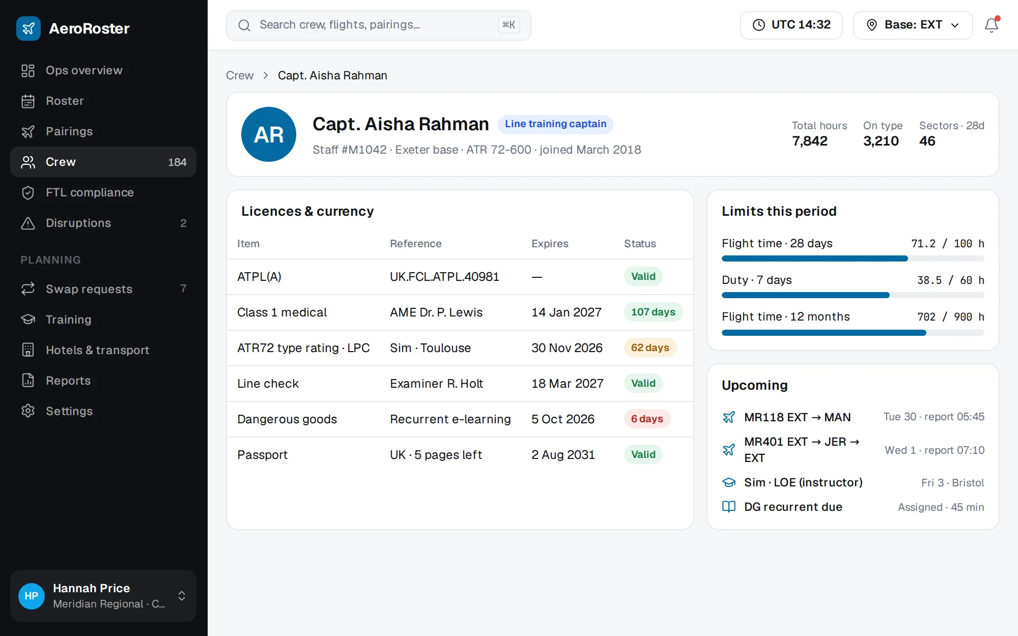 AeroRoster web app screenshot: Crew Profile & Currency