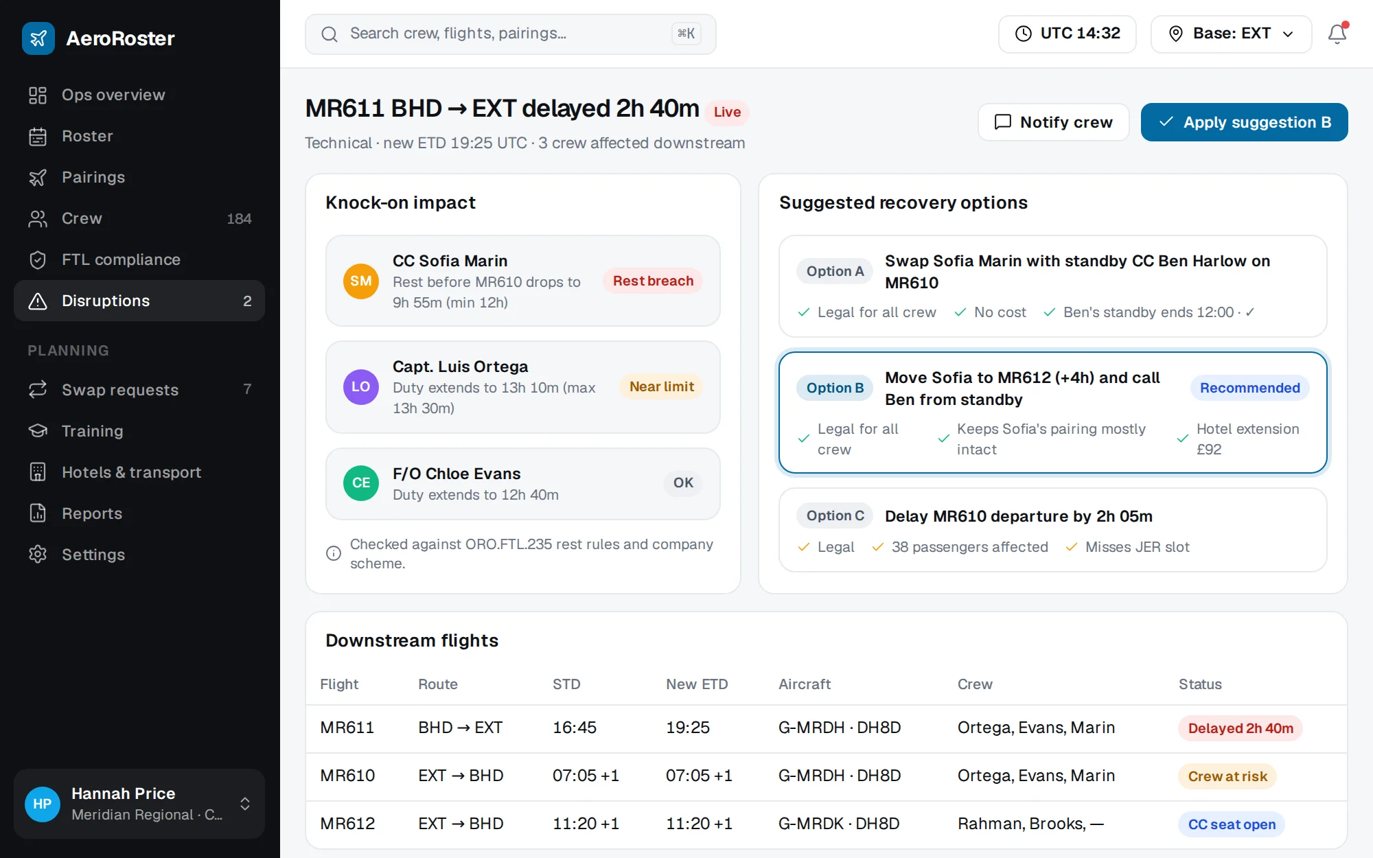 AeroRoster web app screenshot: Disruption Recovery