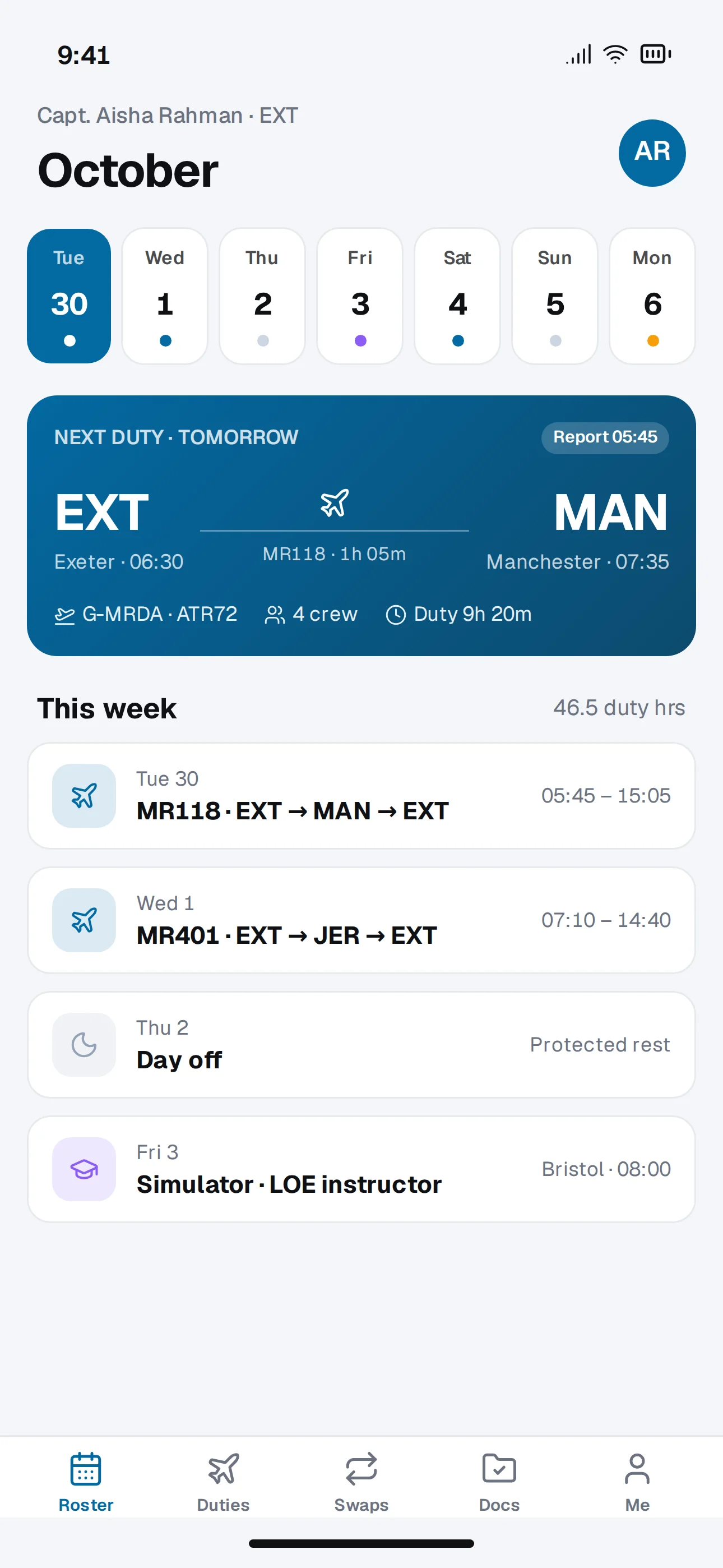AeroRoster Crew app screen 1