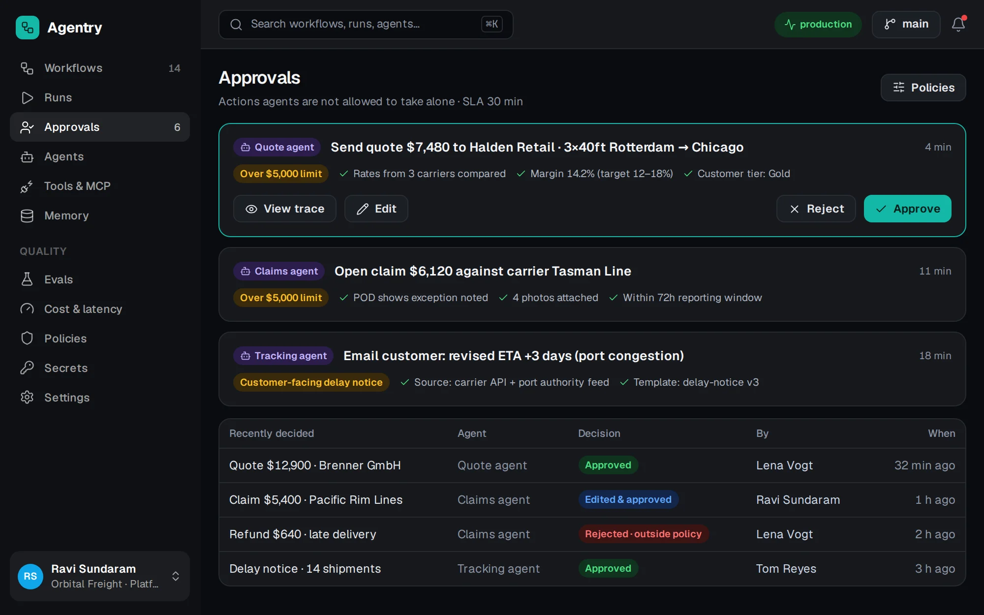 Agentry web app screenshot: Approvals Queue