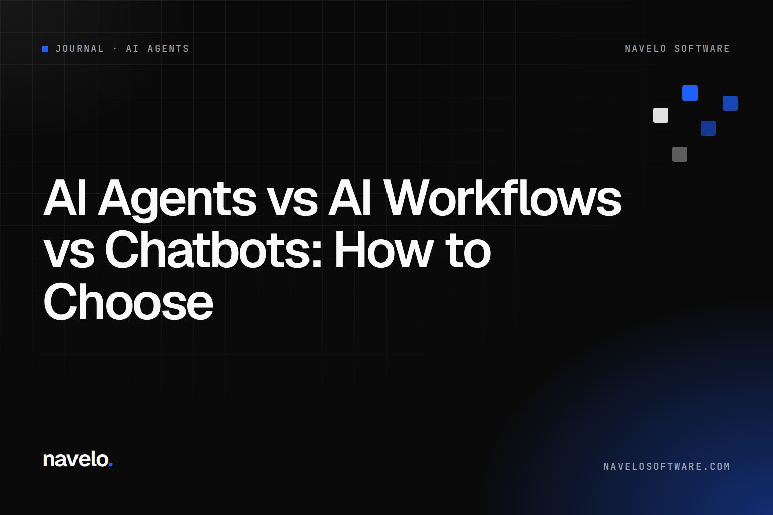 Navelo Software Journal cover reading 'AI Agents vs AI Workflows vs Chatbots: How to Choose'