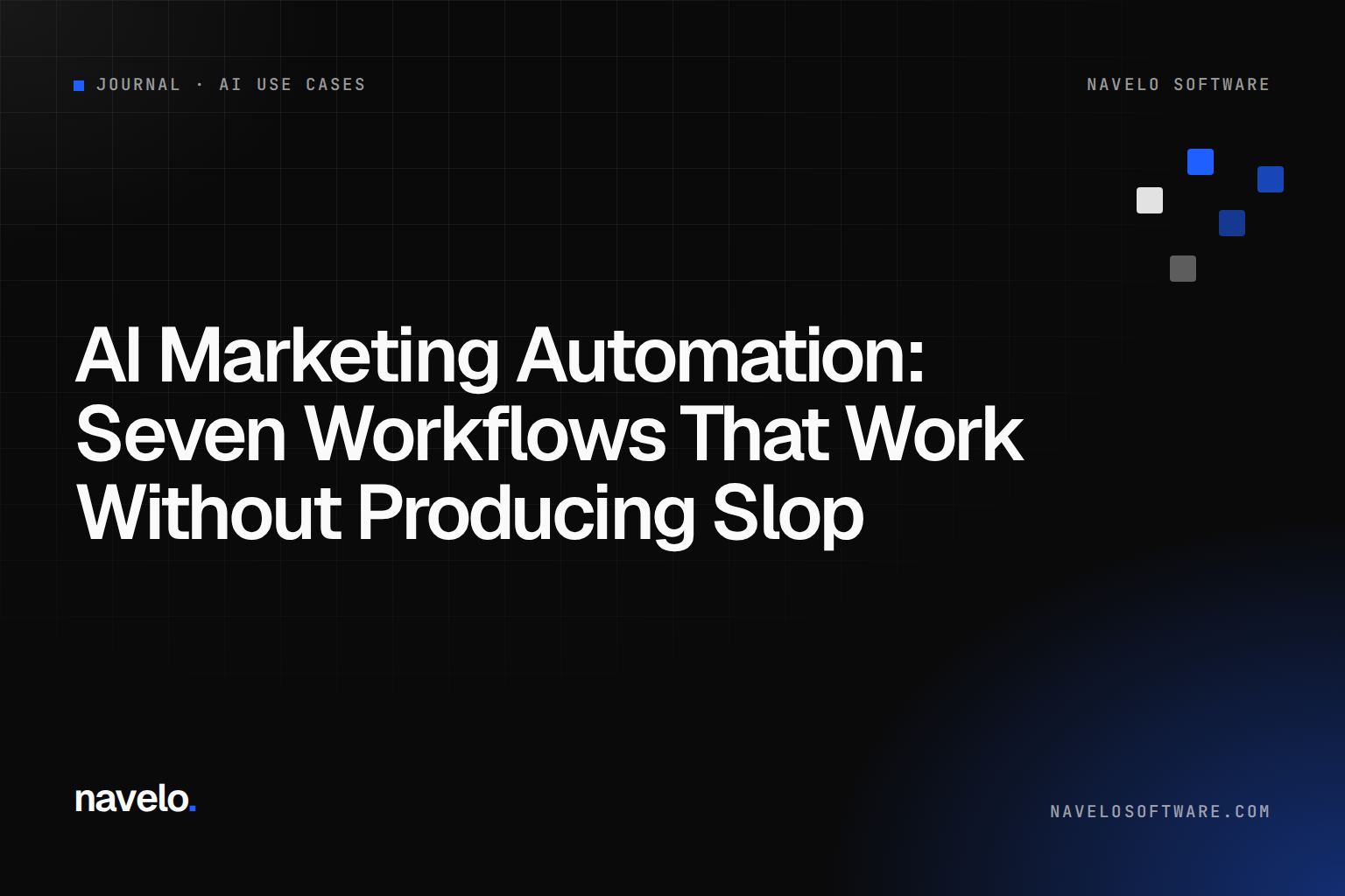 Navelo Software Journal cover reading 'AI Marketing Automation: Seven Workflows That Work Without Producing Slop'