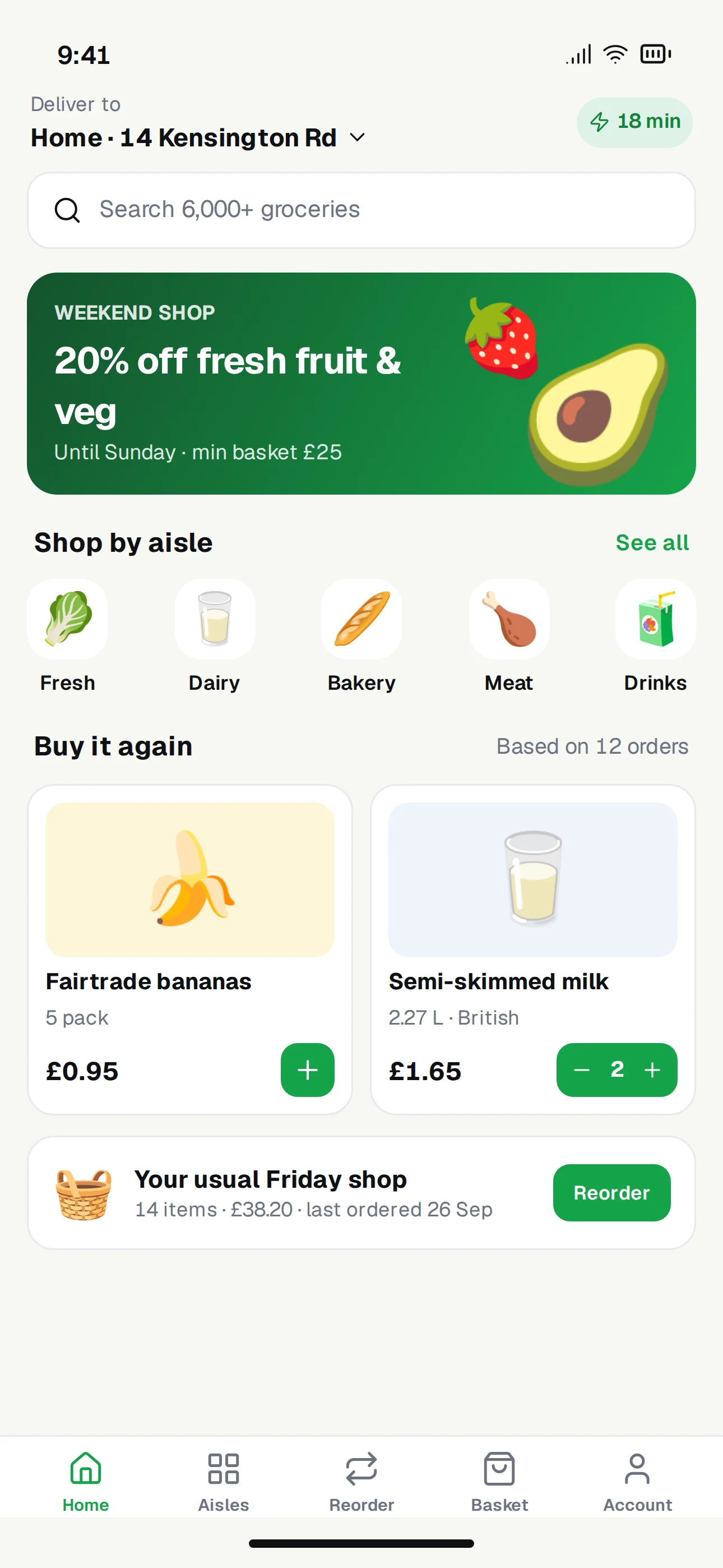 Basketly mobile app screenshot: Home & Reorder