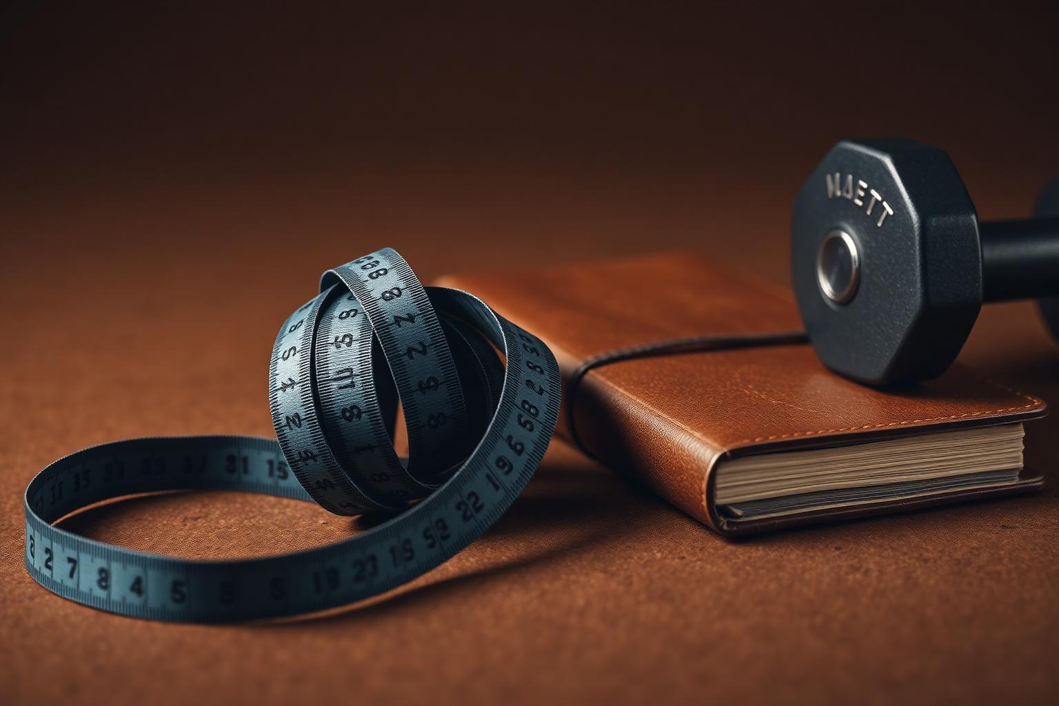 A tape measure coiled beside a leather journal and a dumbbell in warm side lighting