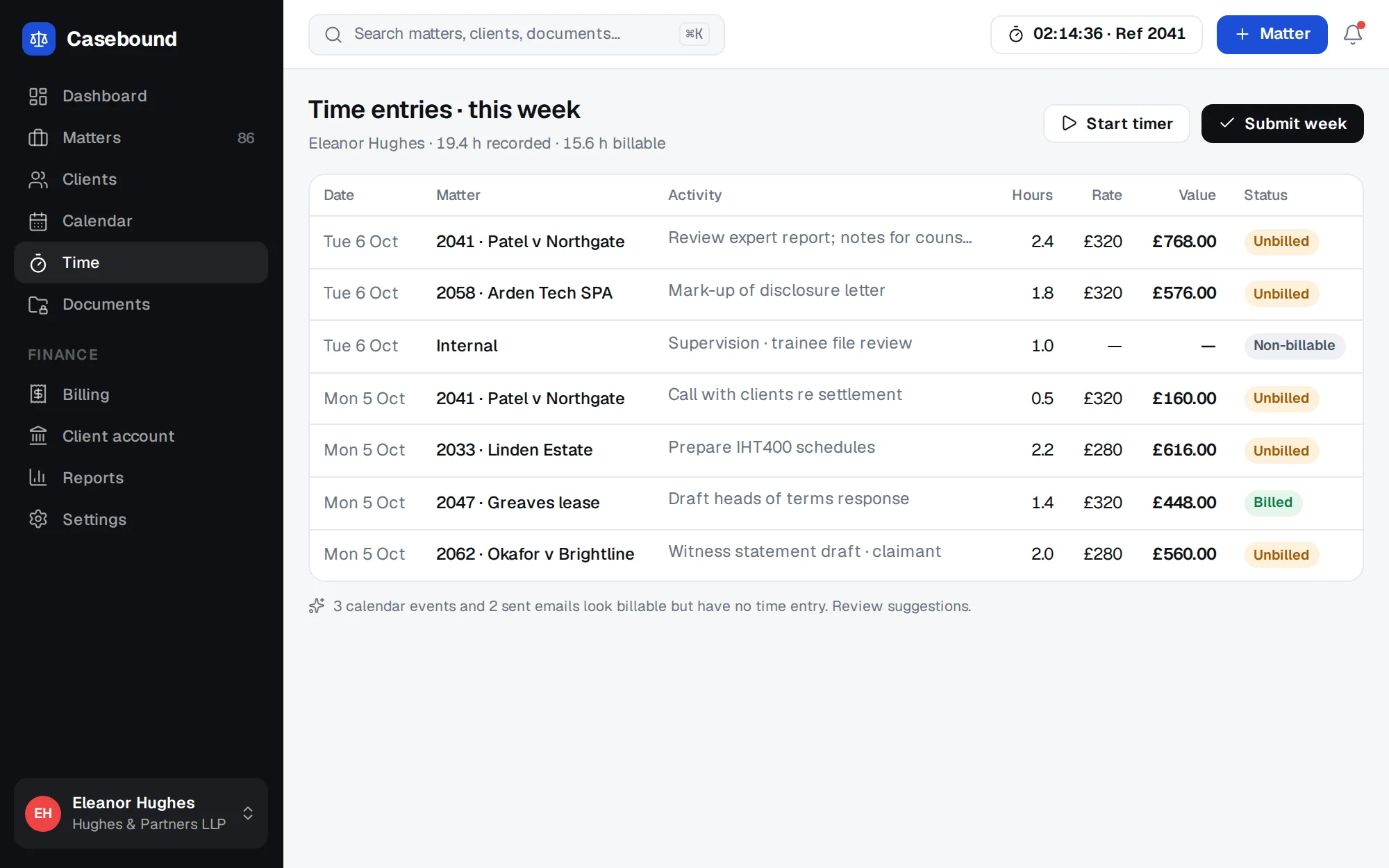 Casebound web app screenshot: Time Recording