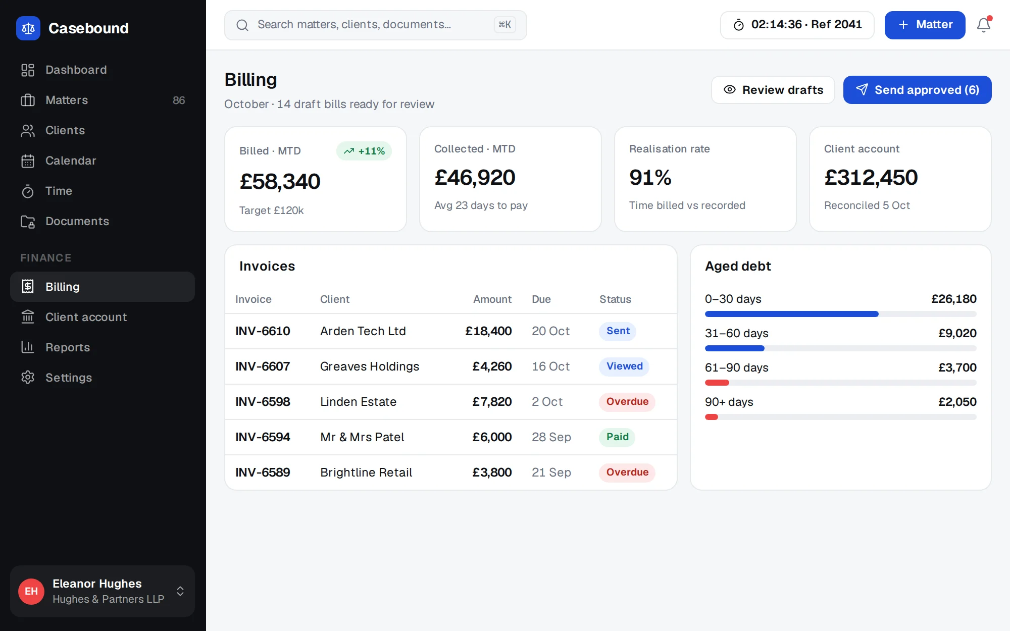 Casebound web app screenshot: Billing