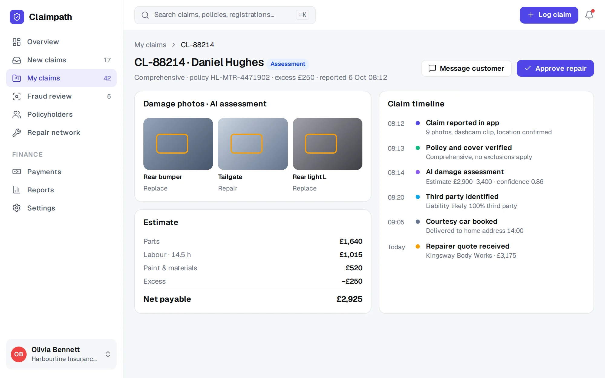 Claimpath web app screenshot: Claim Workspace