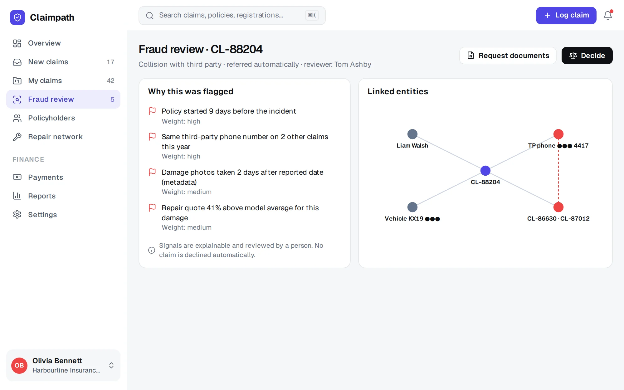 Claimpath web app screenshot: Fraud Review