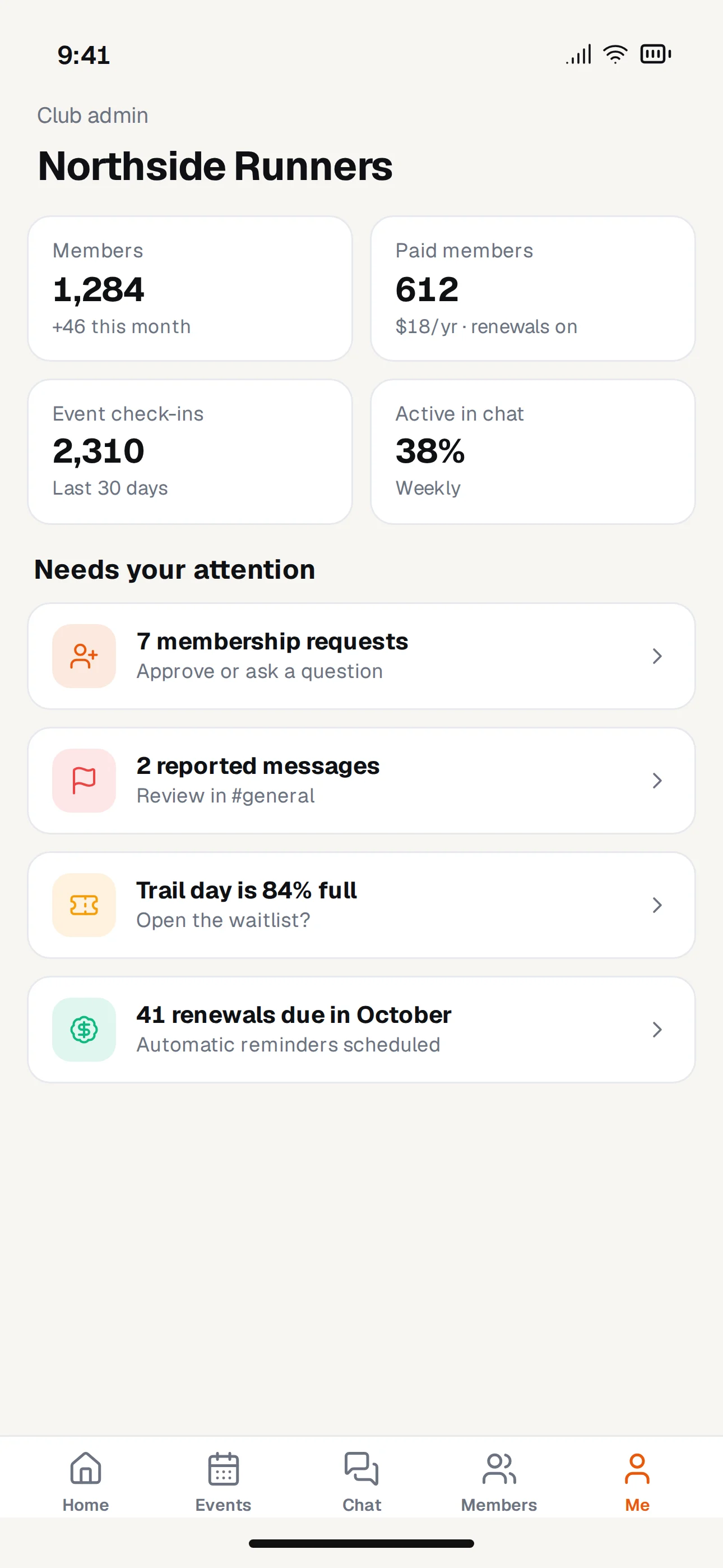Clubhaus mobile app screenshot: Admin Dashboard