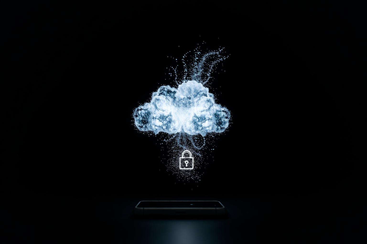 A cloud dissolving into particles above a locked smartphone in dark editorial lighting