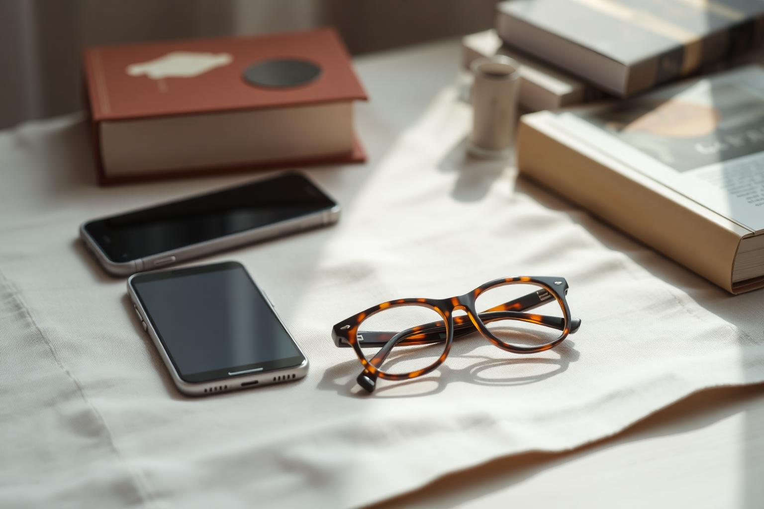 A folded pair of tortoise-shell glasses on linen beside a face-down phone and stacked books