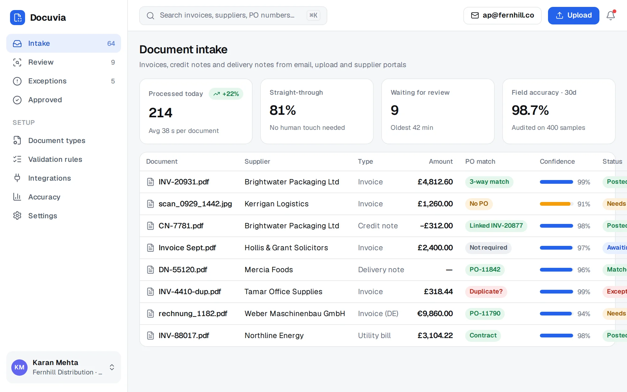Docuvia web app screenshot: Document Intake