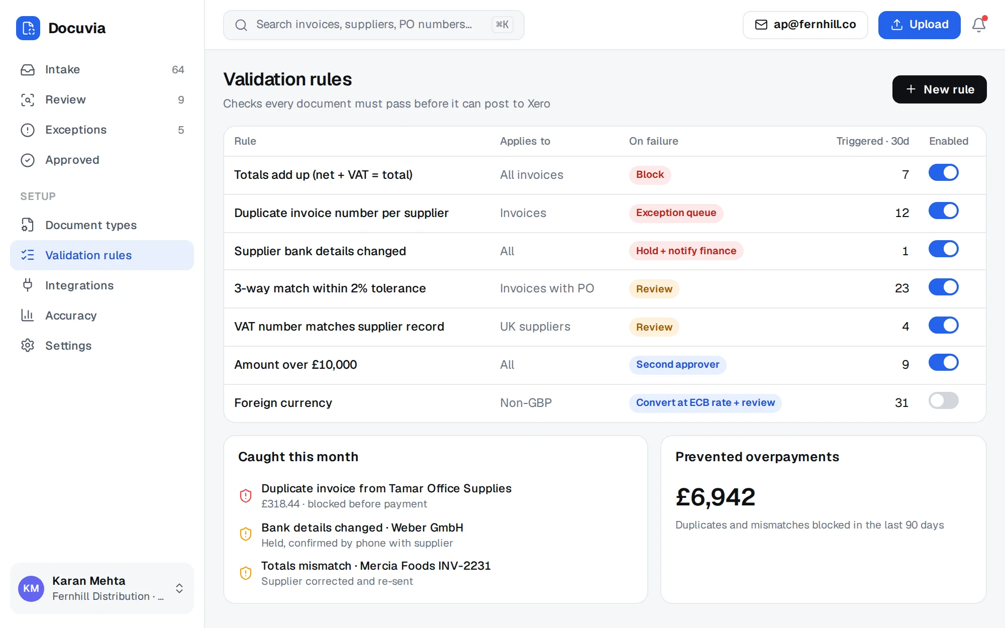 Docuvia web app screenshot: Validation Rules