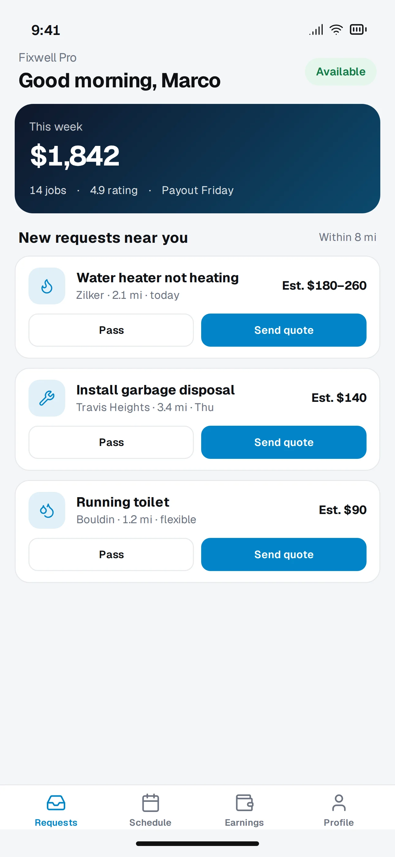 Fixwell mobile app screenshot: Pro App