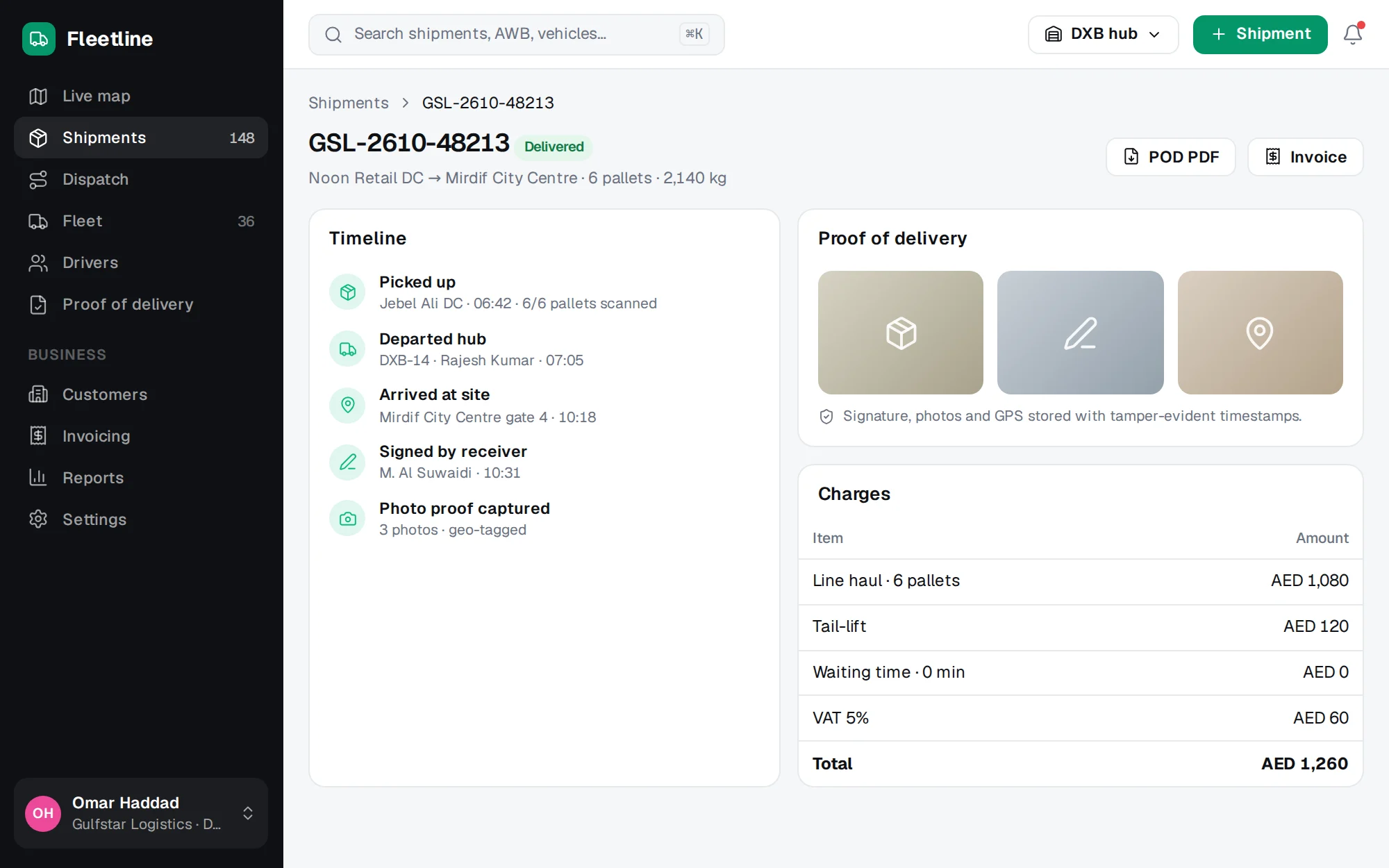 Fleetline web app screenshot: Shipment & Proof Of Delivery