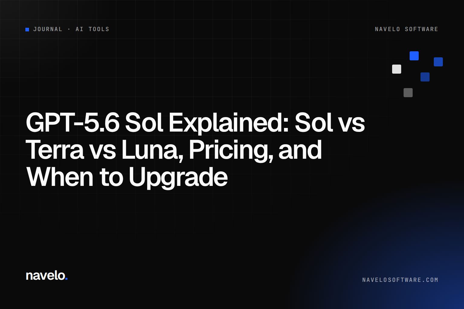 Navelo Software Journal cover reading 'GPT-5.6 Sol Explained: Sol vs Terra vs Luna'