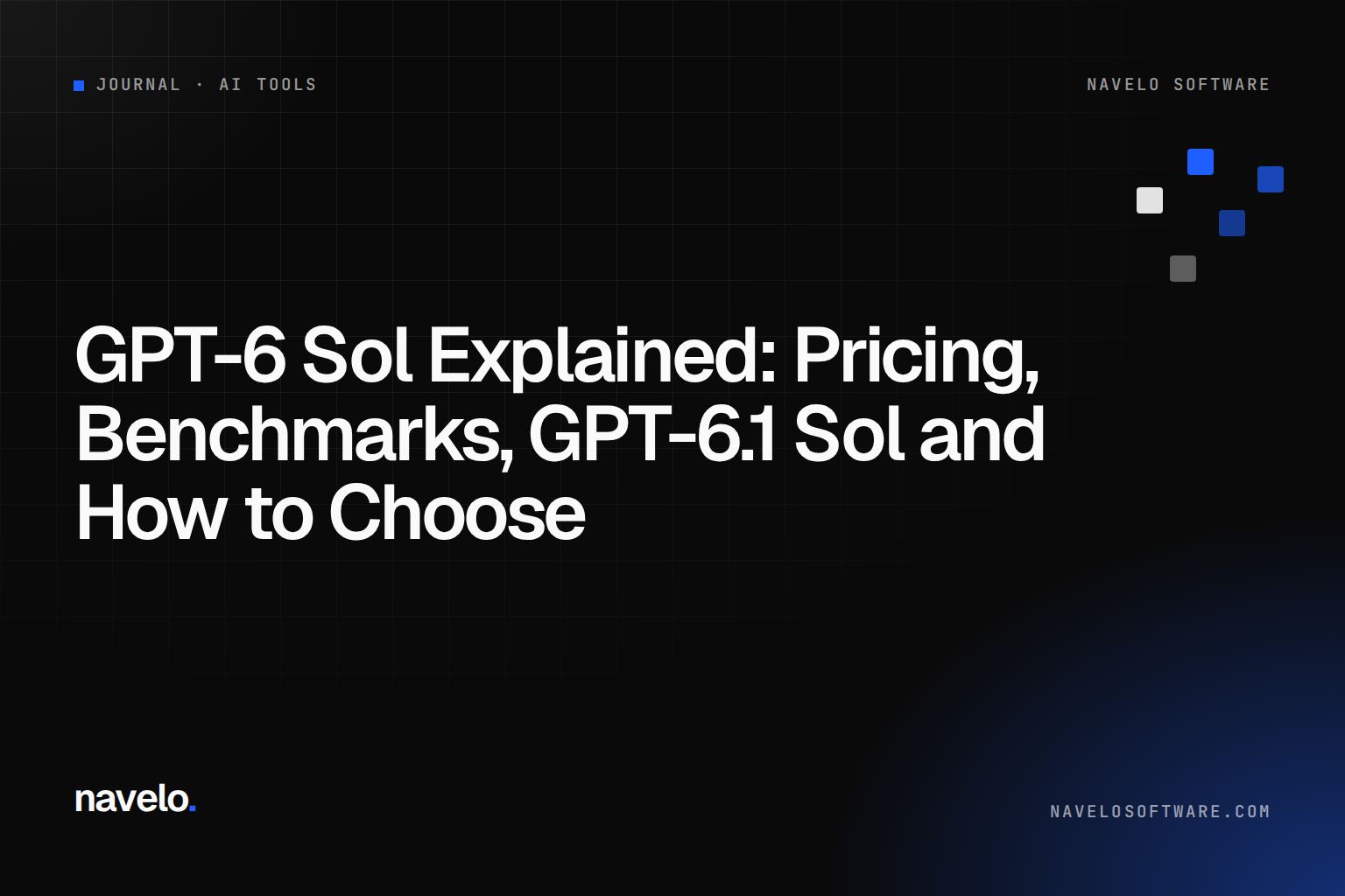 Navelo Software Journal cover reading 'GPT-6 Sol Explained: Pricing, Benchmarks, GPT-6.1 Sol'