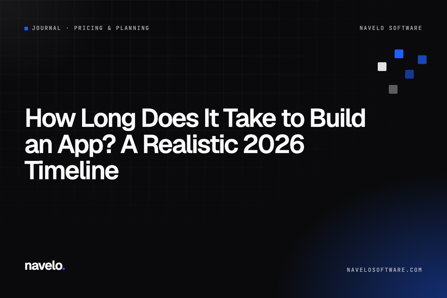 Navelo Software Journal cover reading 'How Long Does It Take to Build an App?'