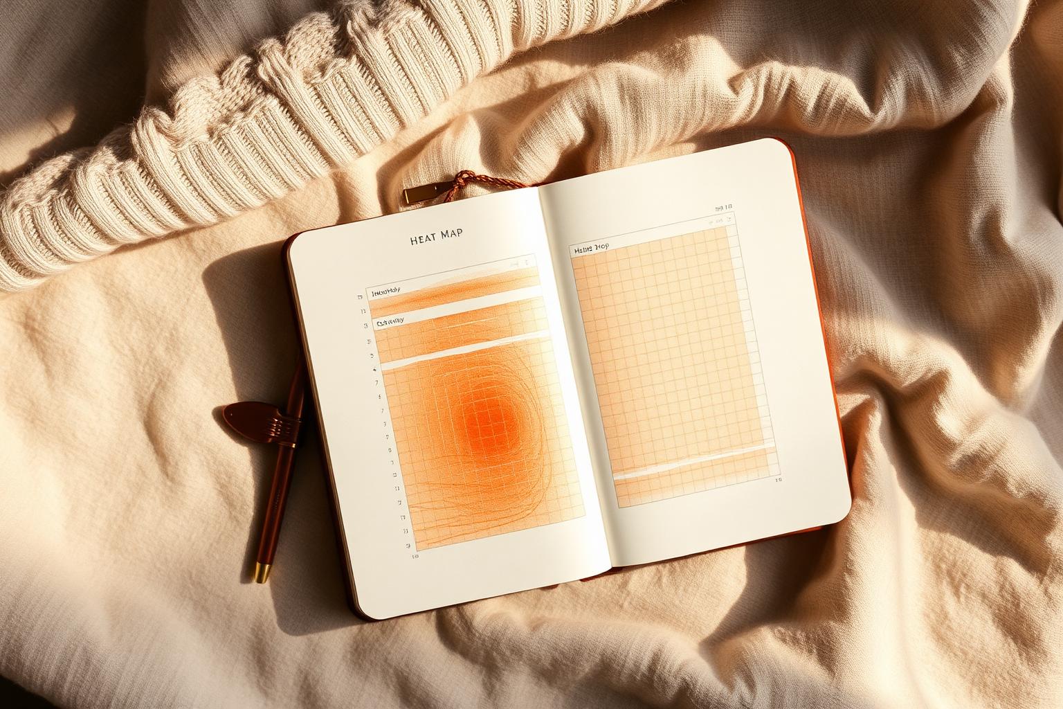 Overhead photo of an open journal with a warm terracotta heat-map grid, on cream linen