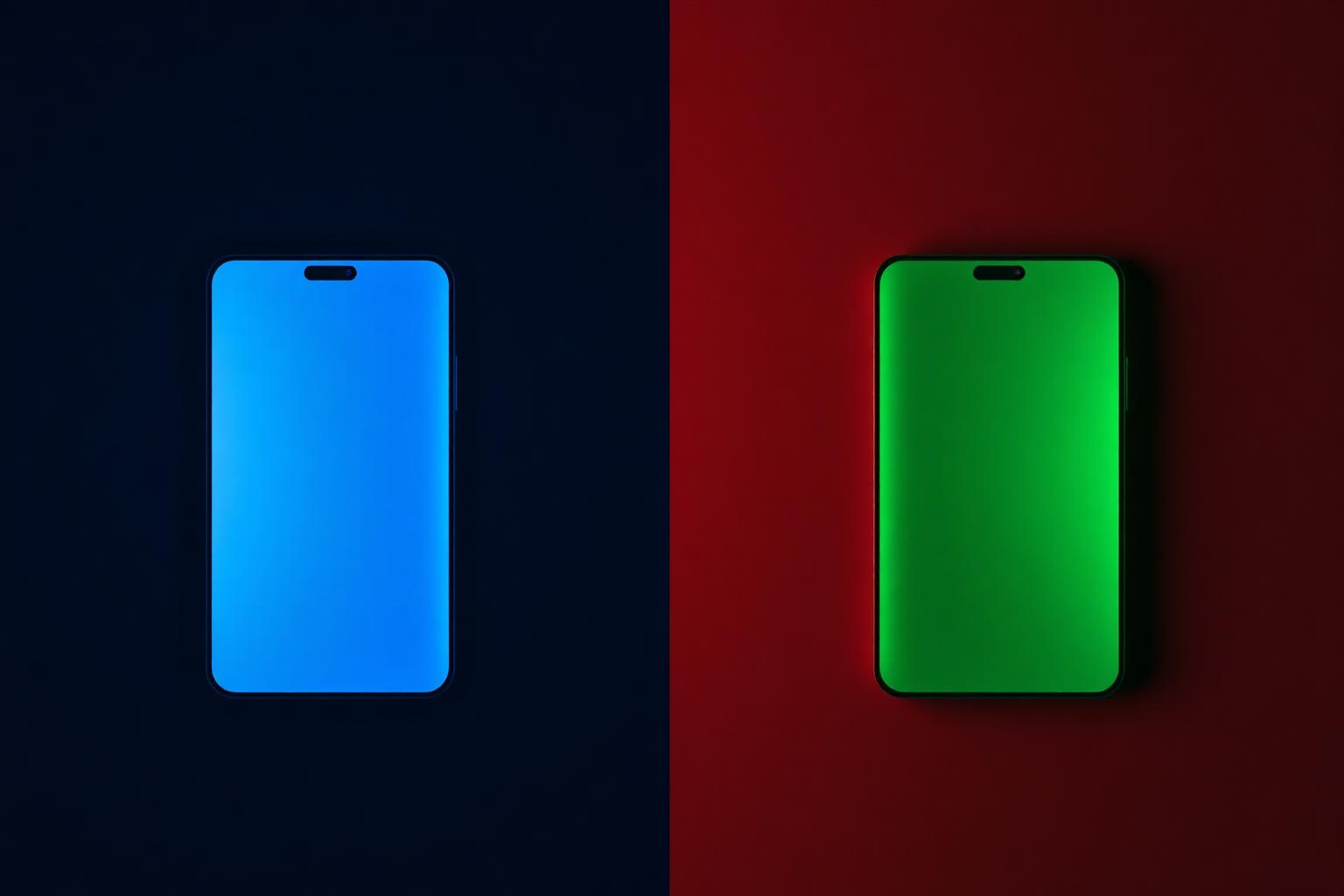 Two smartphones side by side, one glowing blue on navy and one glowing green on red