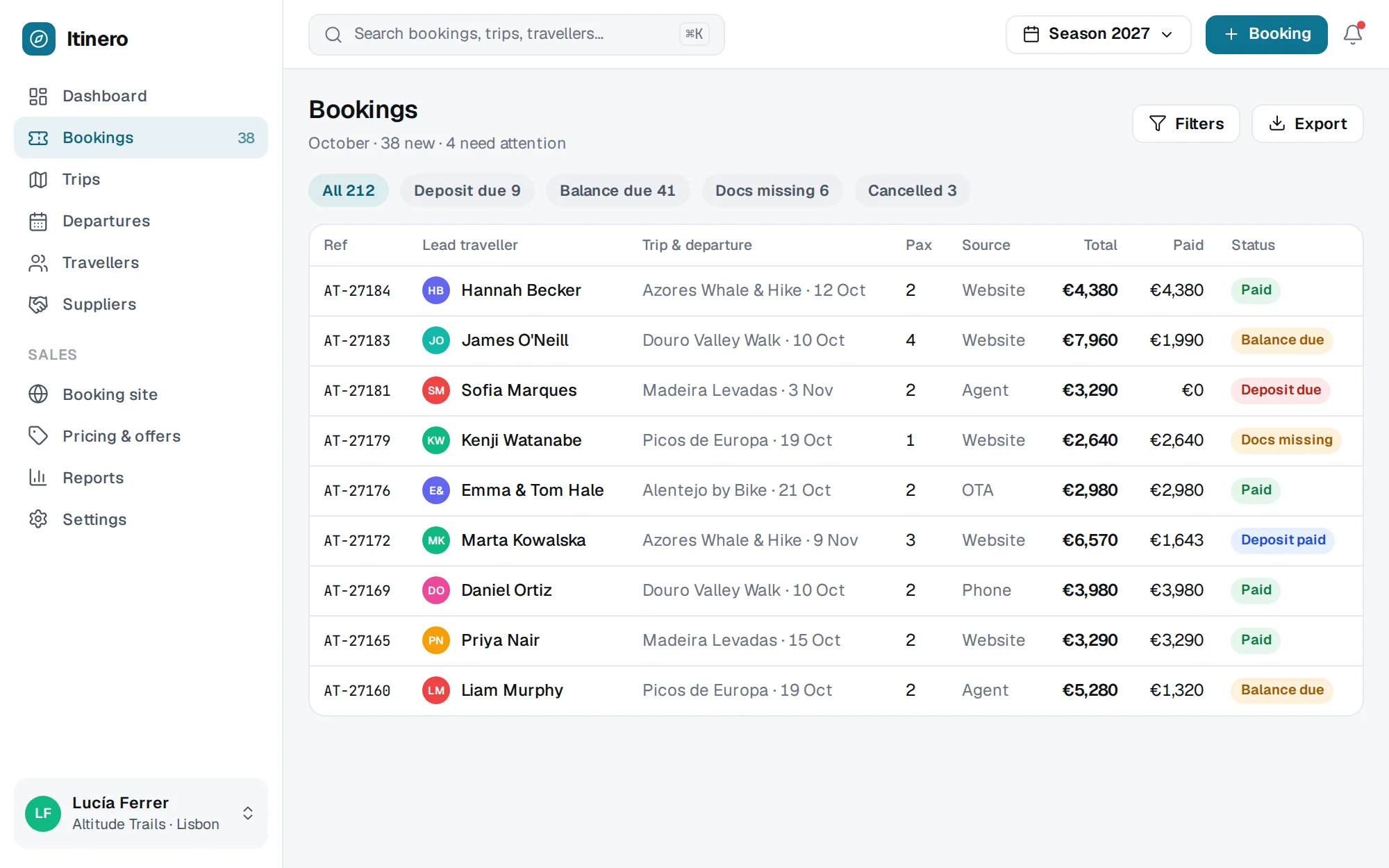 Itinero web app screenshot: Bookings