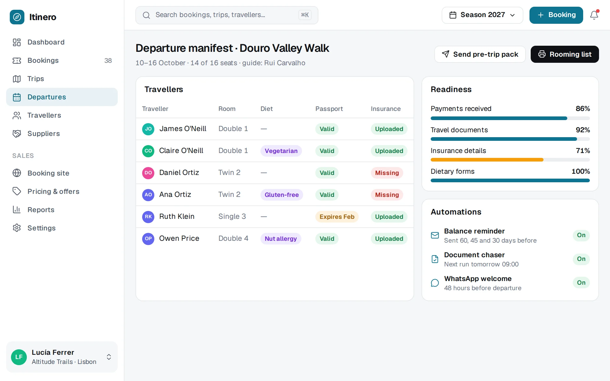 Itinero web app screenshot: Departure Manifest