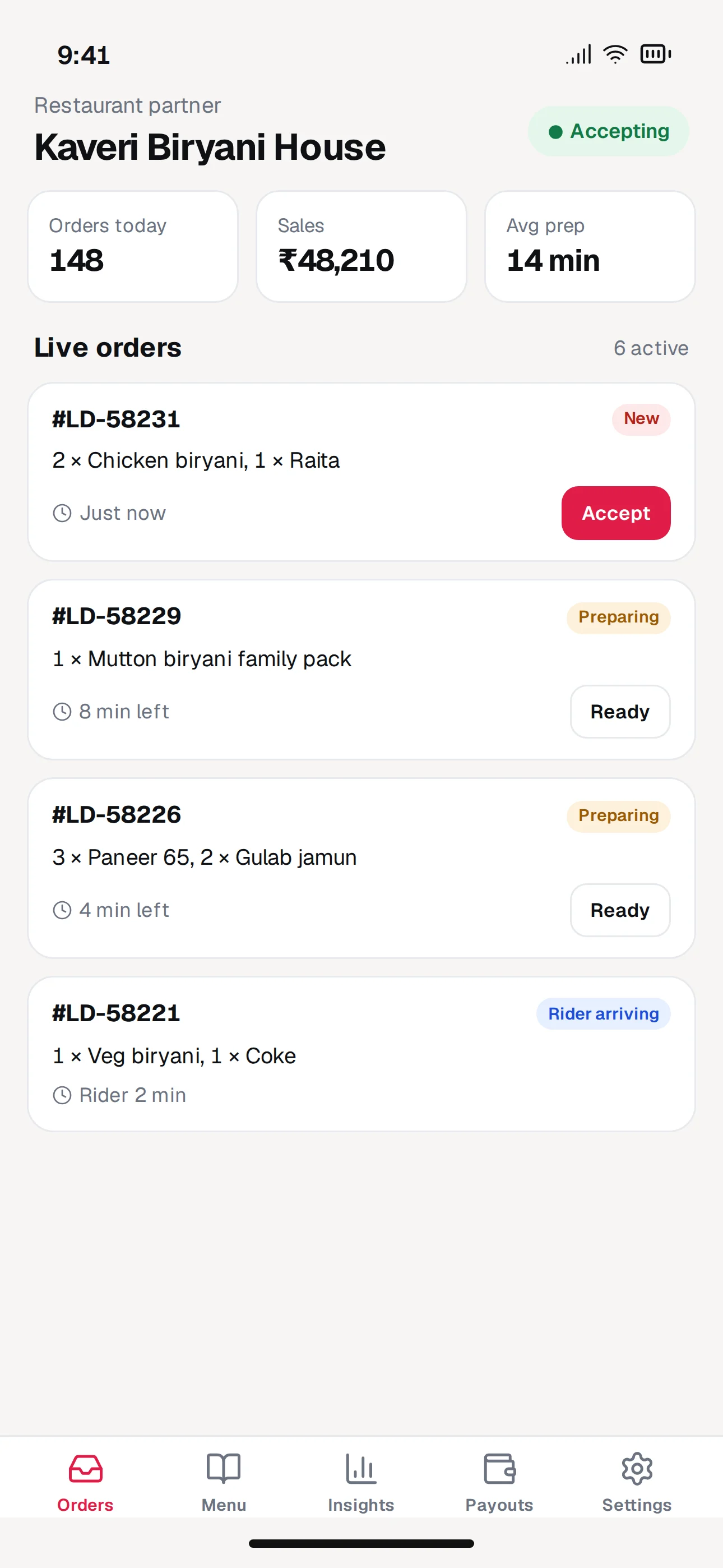 Ladle mobile app screenshot: Partner Orders