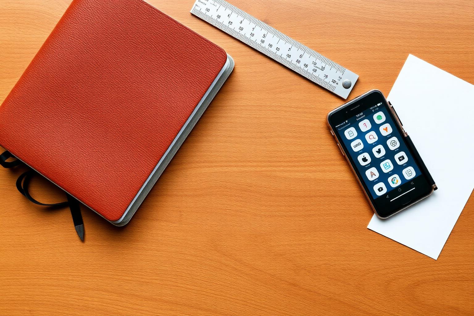A founder's desk flat lay with a leather notebook, ruler, and a phone showing an app grid