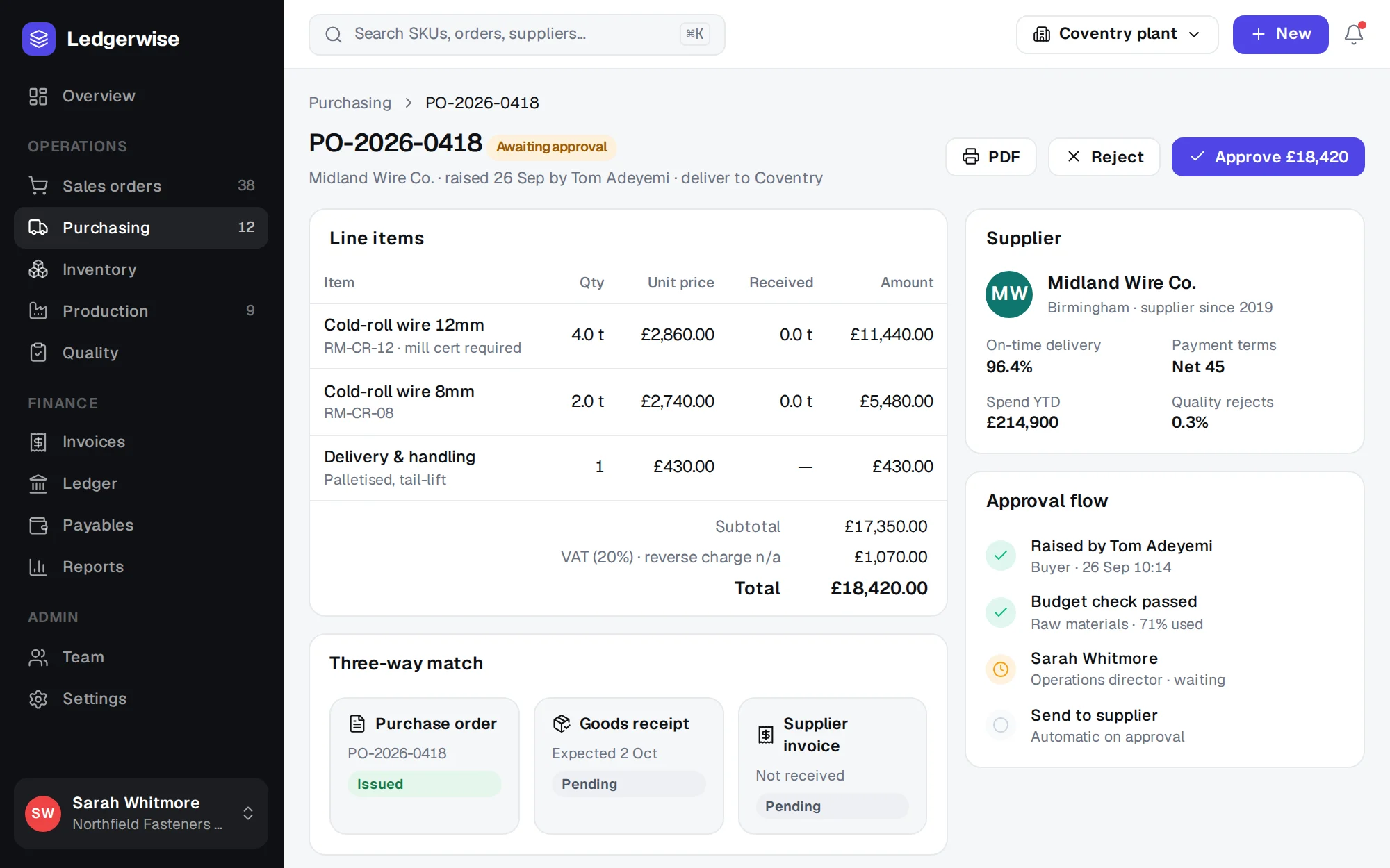 Ledgerwise web app screenshot: Purchase Orders & Three-Way Match