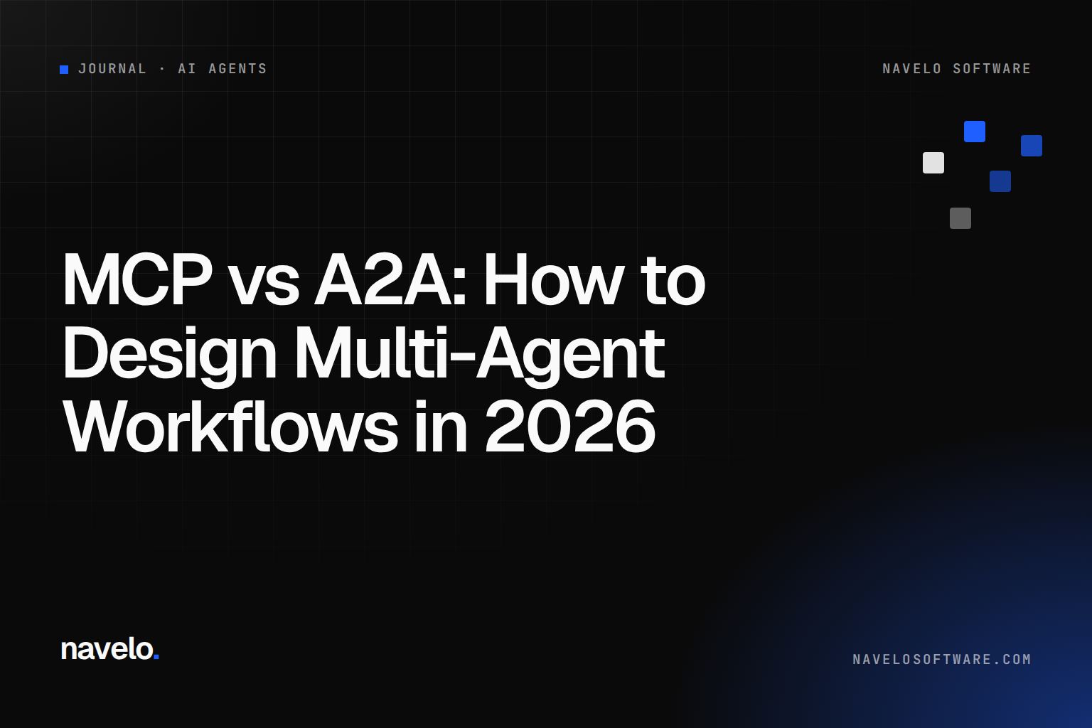 Navelo Software Journal cover reading 'MCP vs A2A: How to Design Multi-Agent Workflows in 2026'