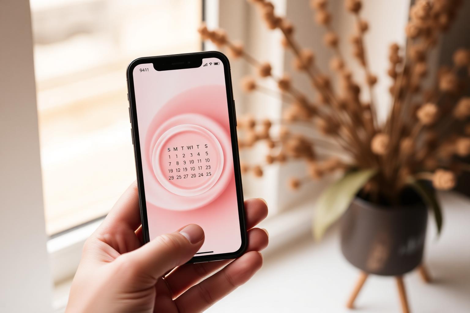 A hand holding a smartphone showing a soft pink cycle calendar in warm window light