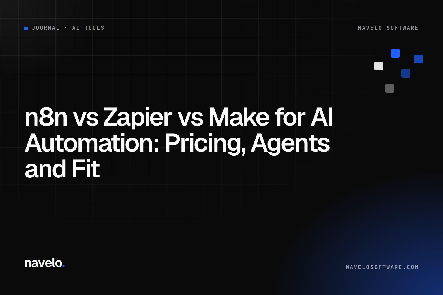 Navelo Software Journal cover reading 'n8n vs Zapier vs Make for AI Automation'