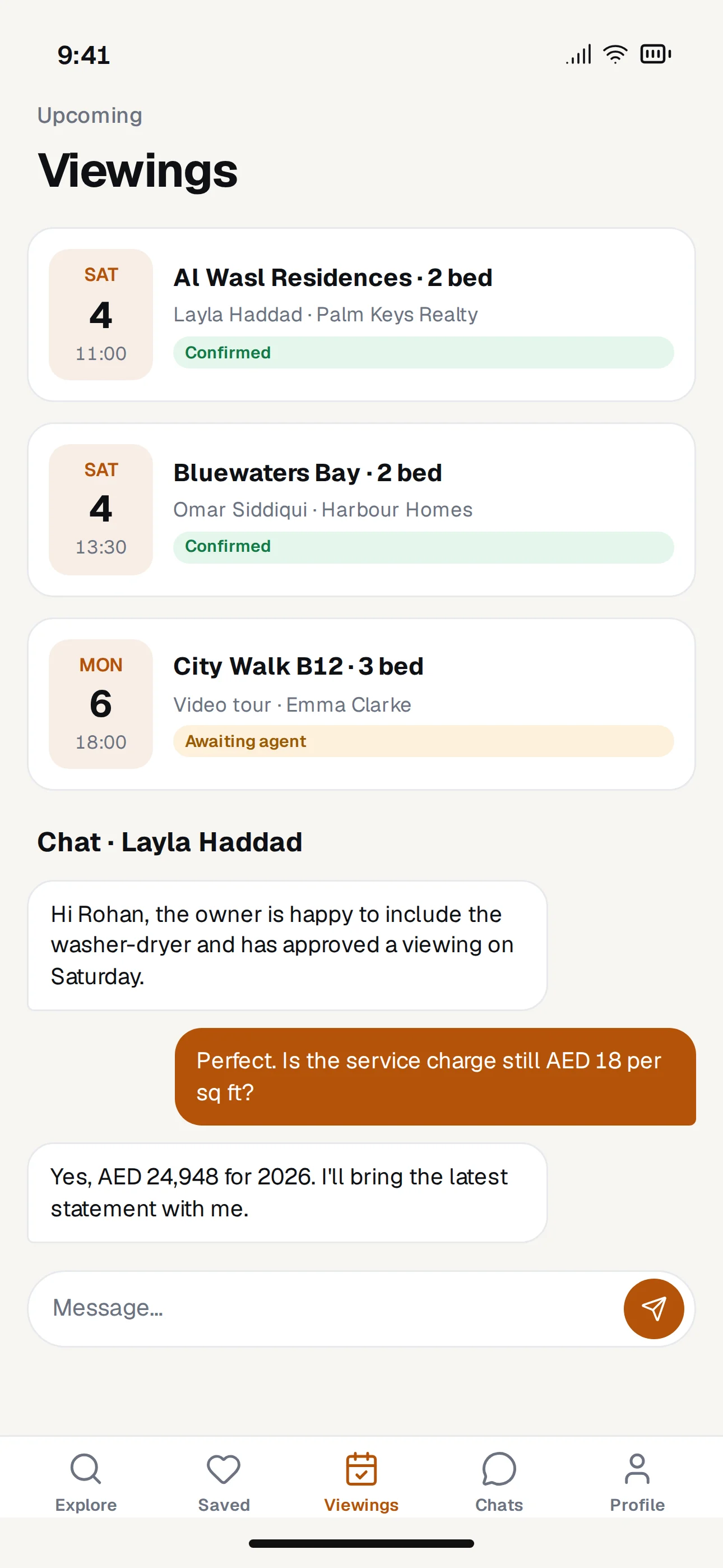 Nestora mobile app screenshot: Viewings & Chat