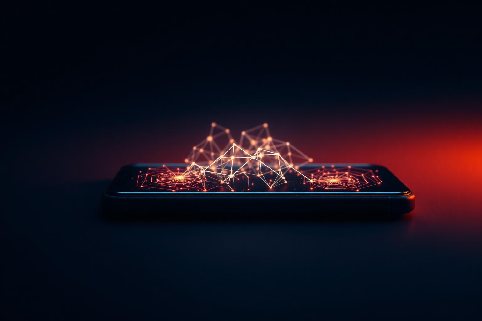 Abstract neural network of light emerging from a smartphone on a dark background