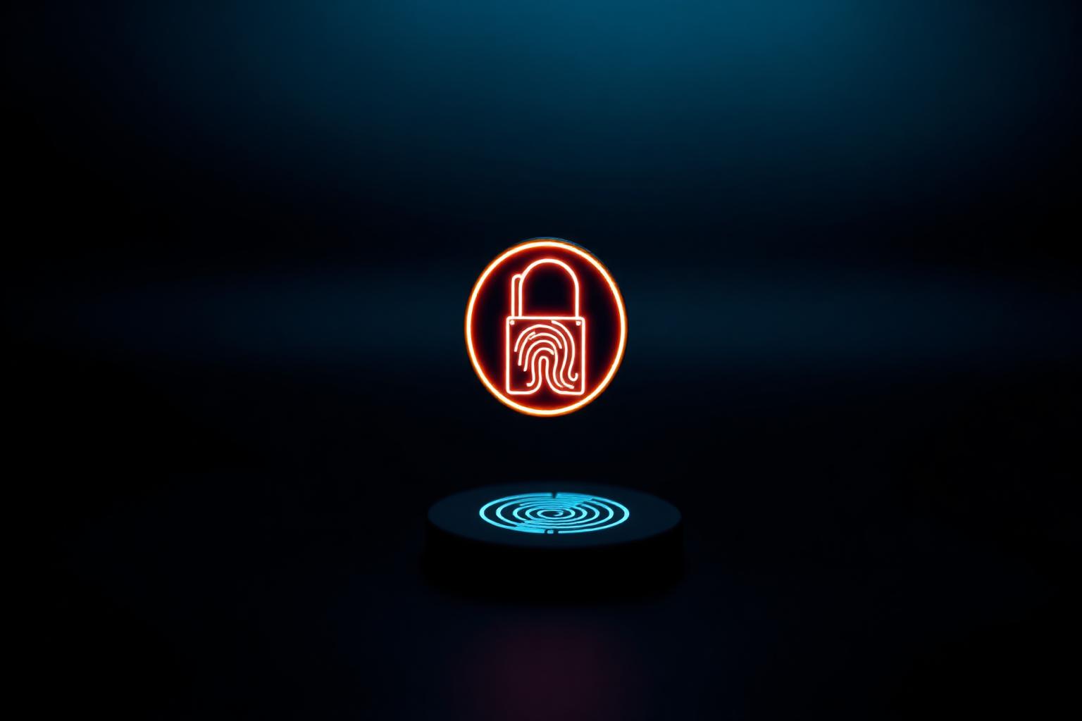 A glowing biometric passkey icon floating over a fingerprint sensor in dark blue light