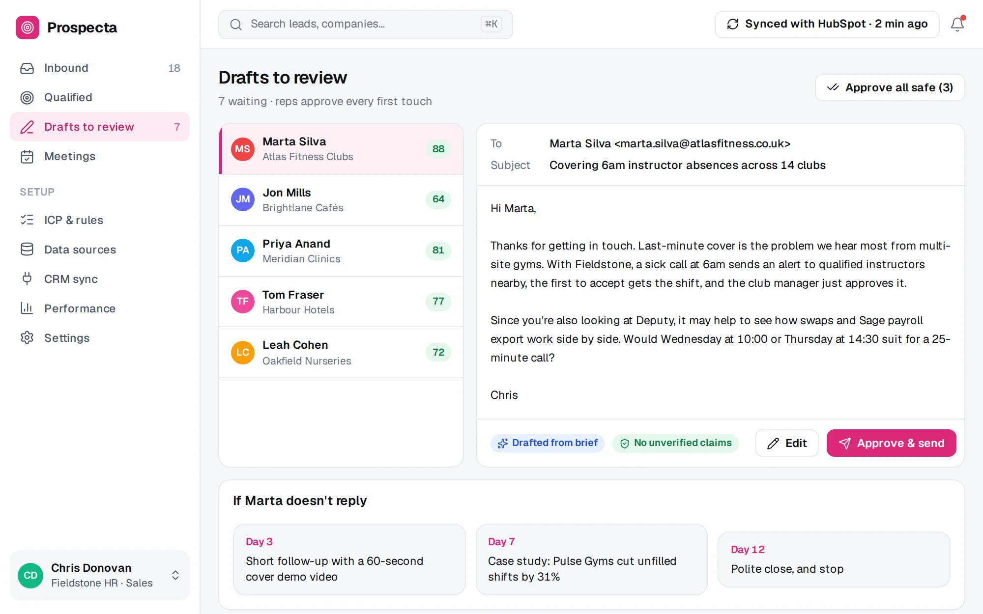 Prospecta web app screenshot: Drafts To Review