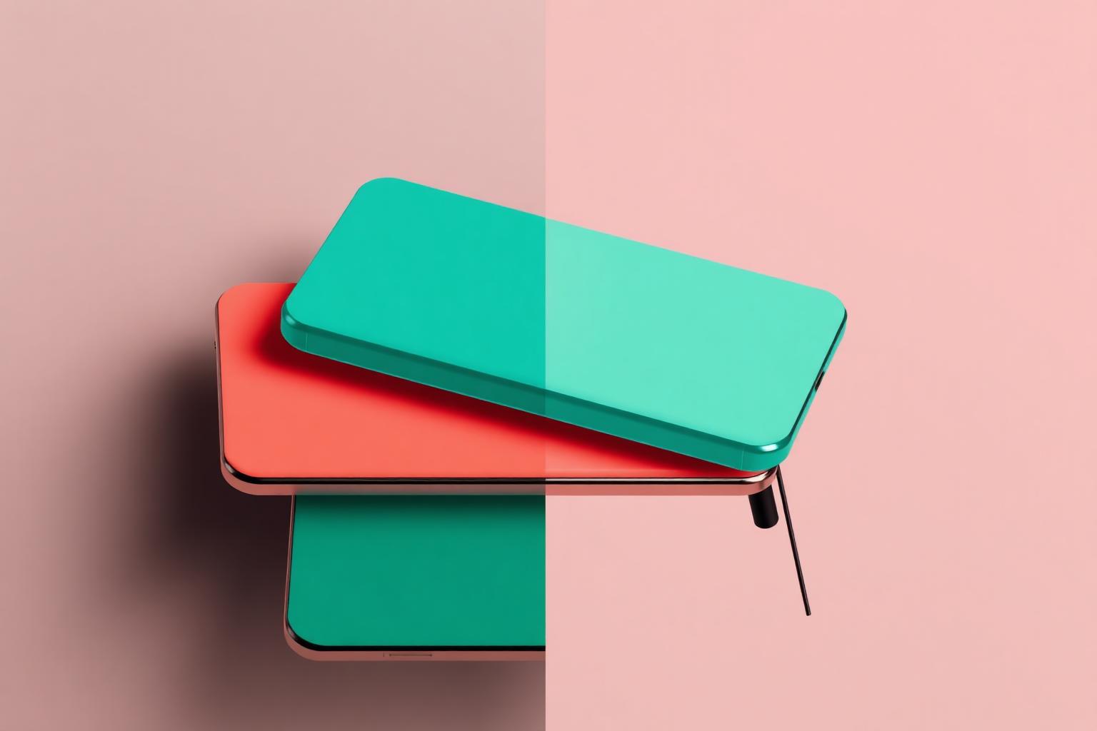 Two stacked smartphone shapes in coral and teal on a soft pink background