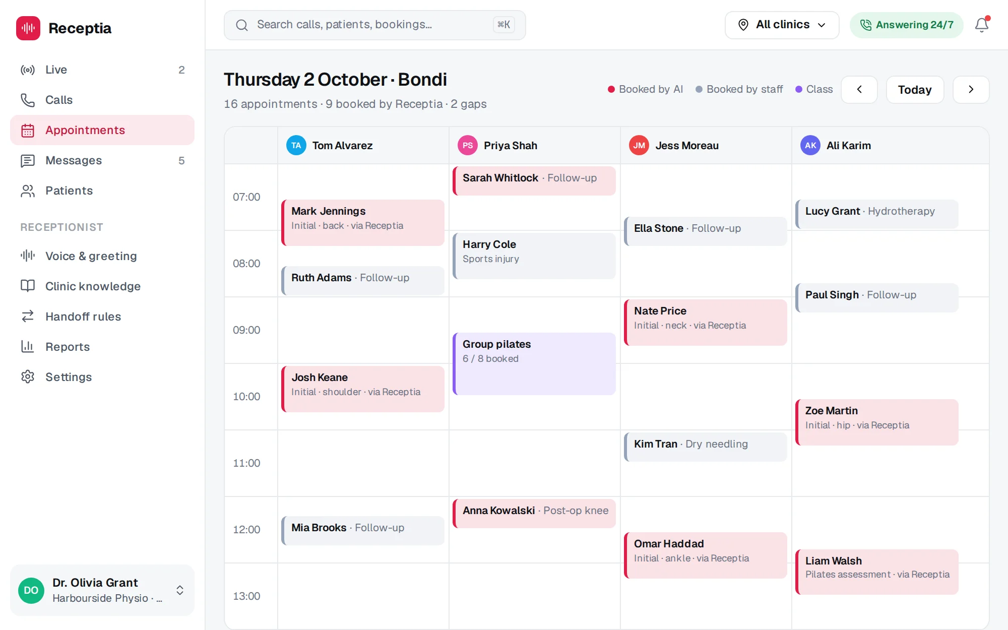 Receptia web app screenshot: Appointments