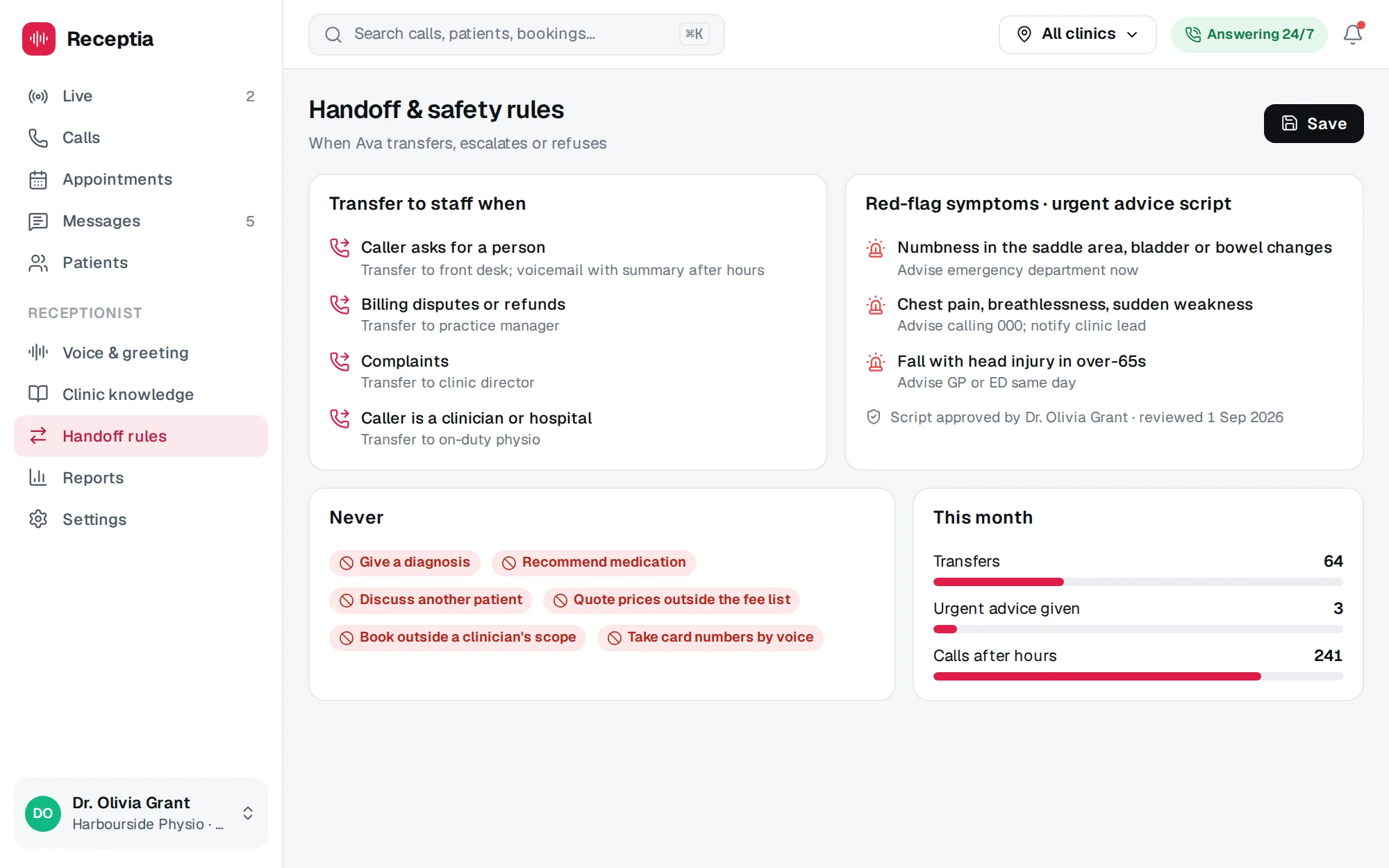 Receptia web app screenshot: Handoff & Safety Rules