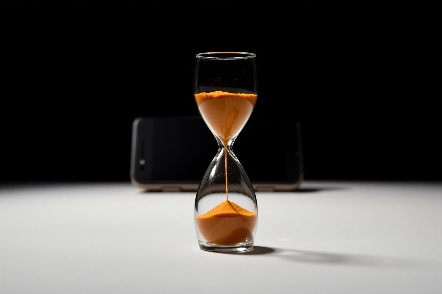 A glass hourglass with warm amber sand falling, with a dark phone silhouette behind