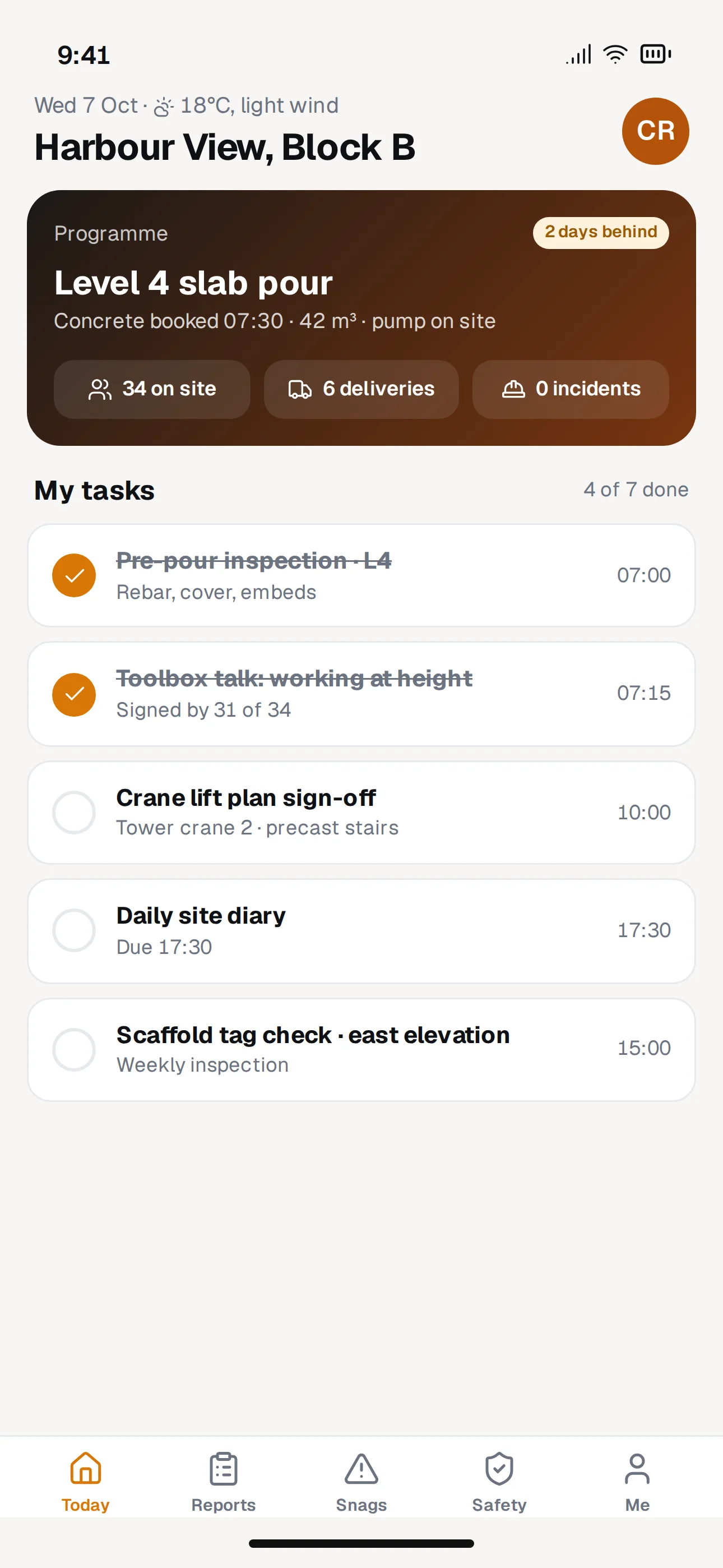 Siteward mobile app screenshot: Today