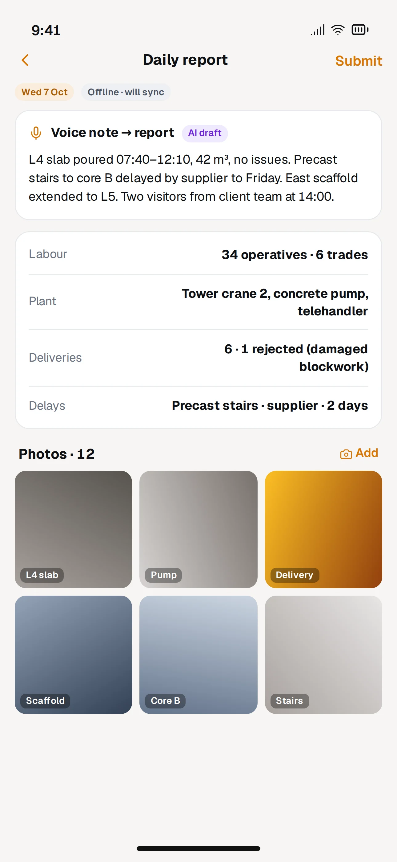 Siteward mobile app screenshot: Daily Report