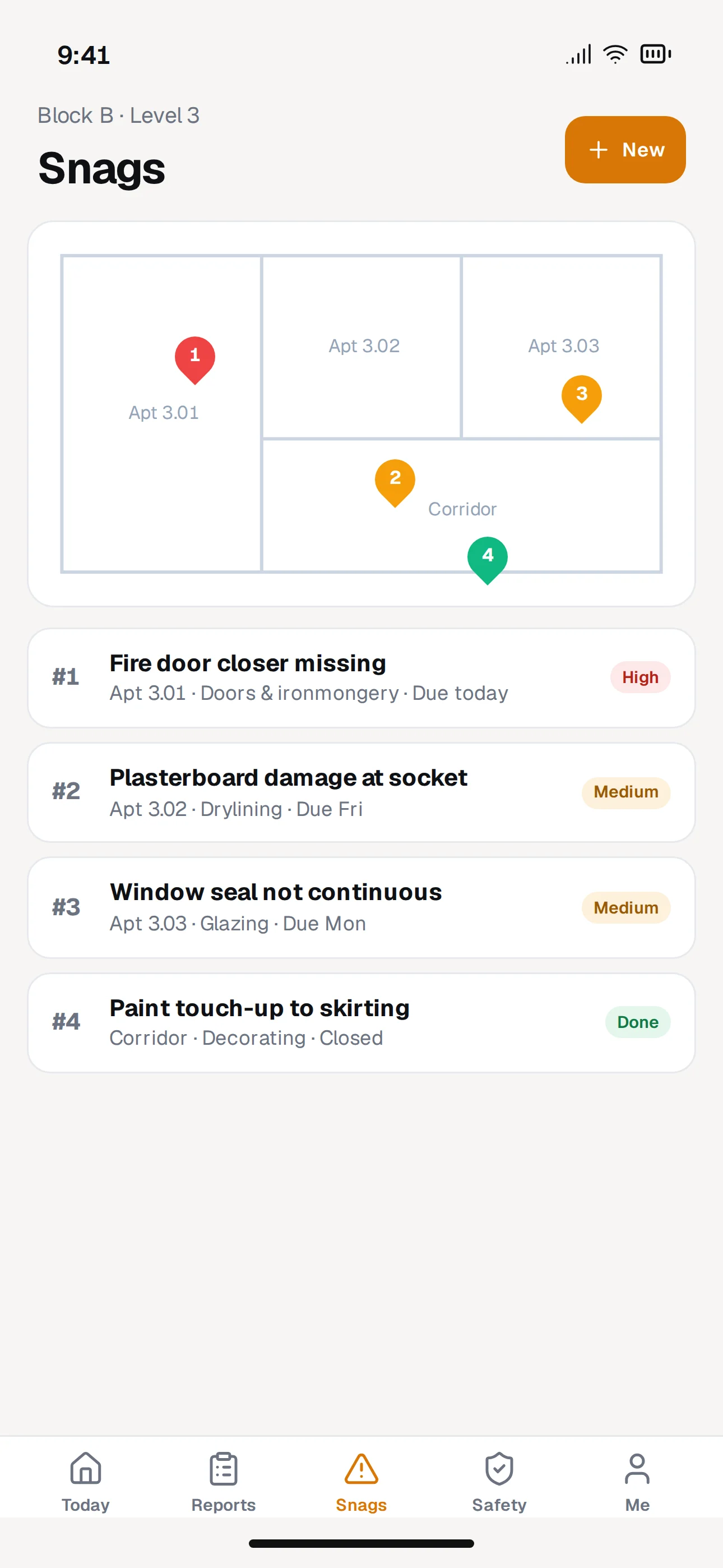 Siteward mobile app screenshot: Snags On Drawings