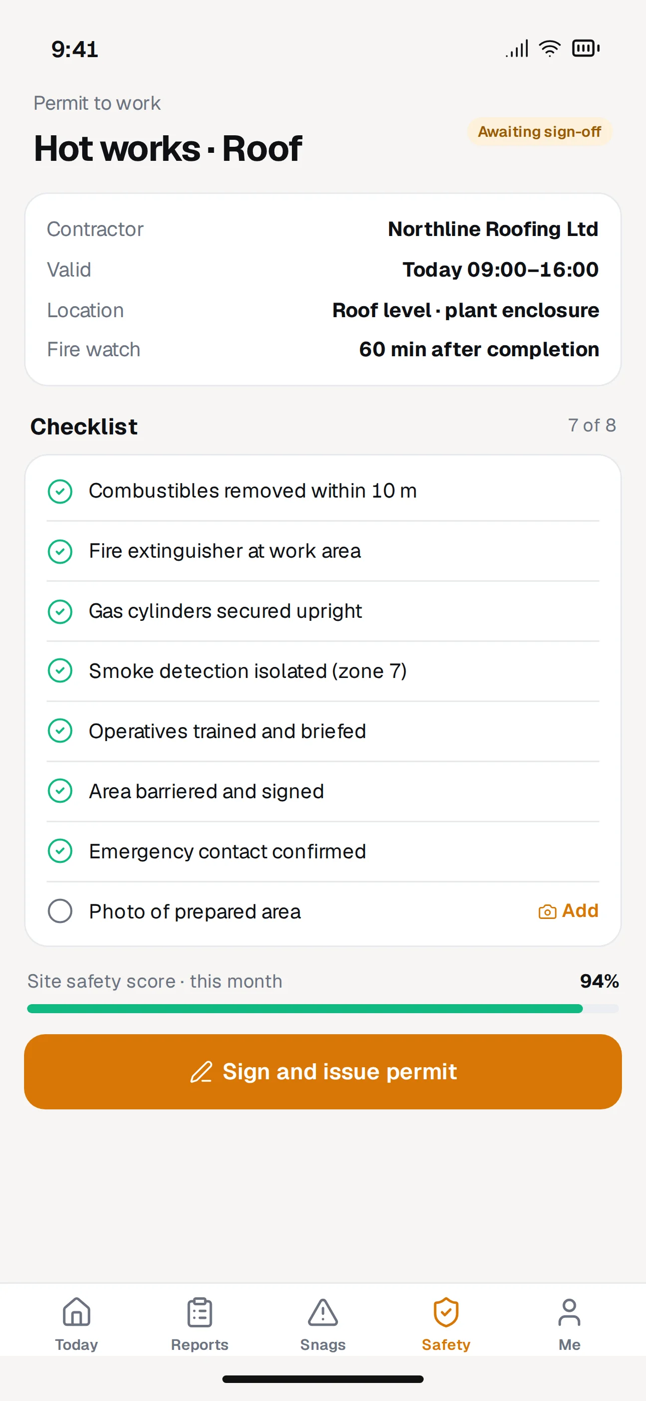 Siteward mobile app screenshot: Permits & Safety