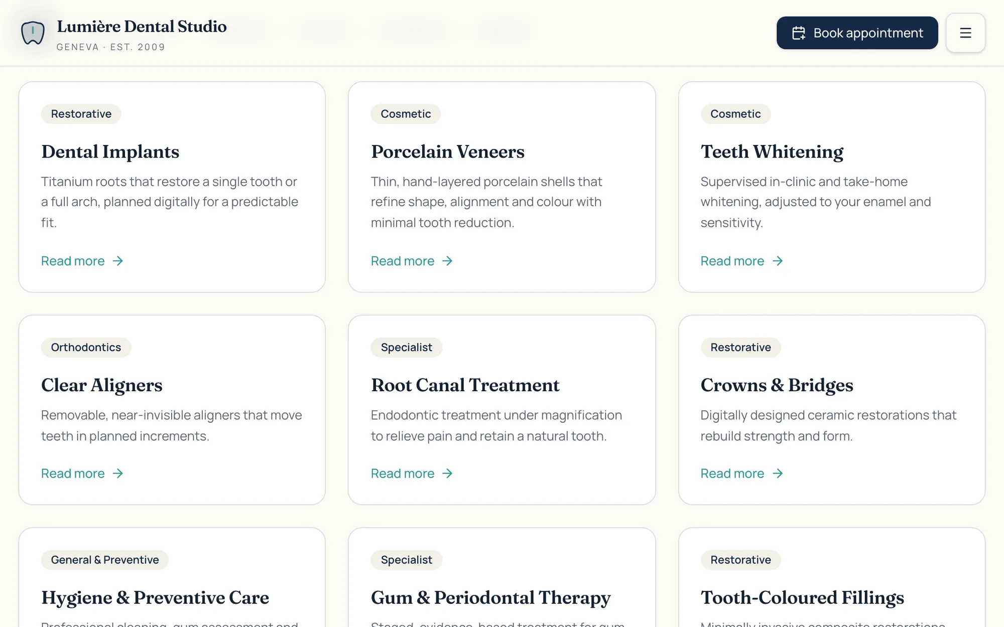 SmileDesk web app screenshot: Treatment Catalogue
