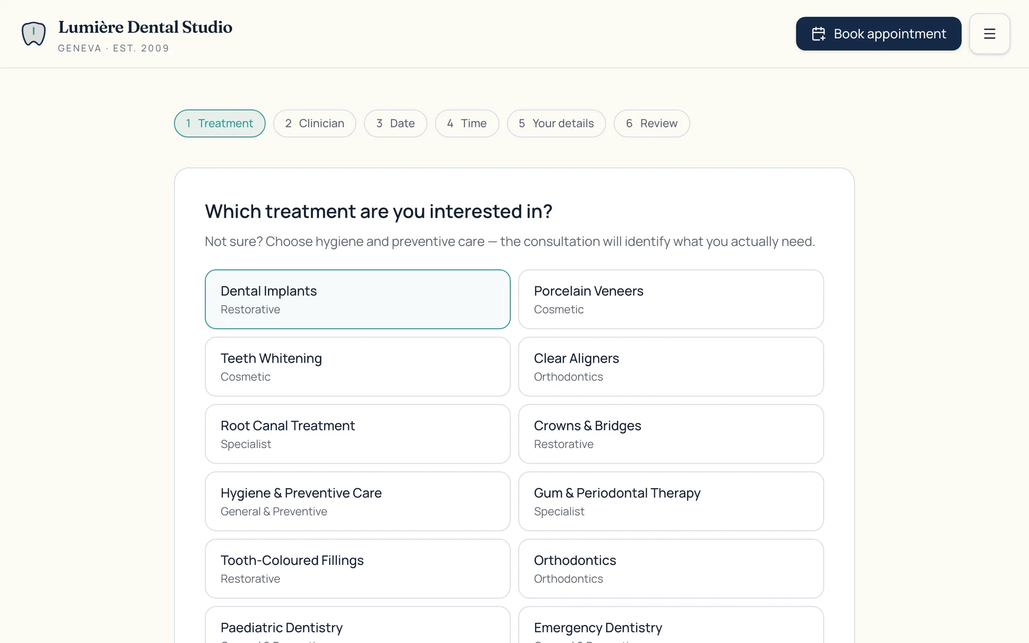 SmileDesk web app screenshot: Six-Step Booking Flow