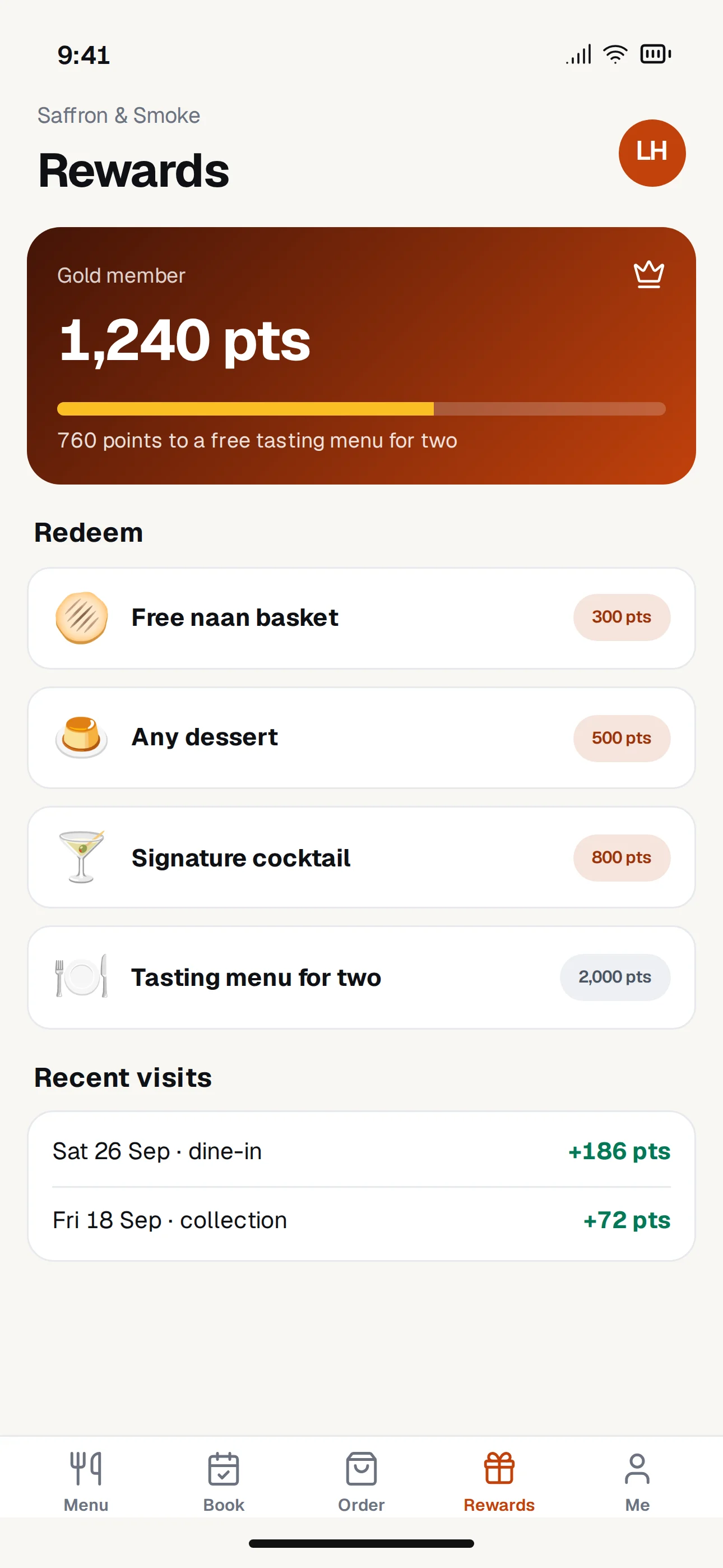 Tablefolk mobile app screenshot: Rewards