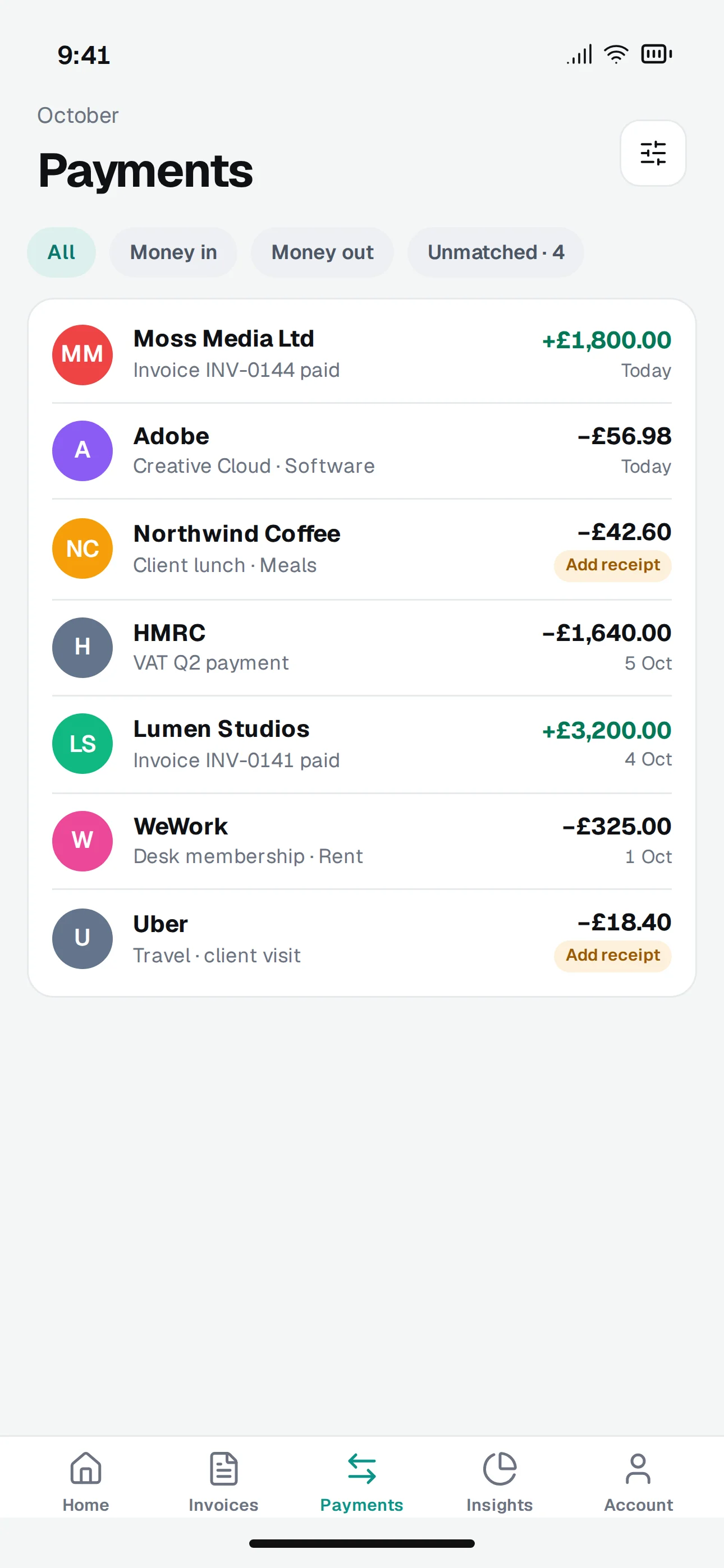 Tallyo mobile app screenshot: Payments