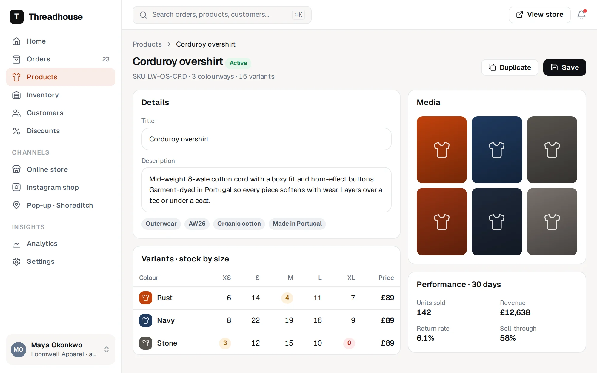 Threadhouse web app screenshot: Product & Variants