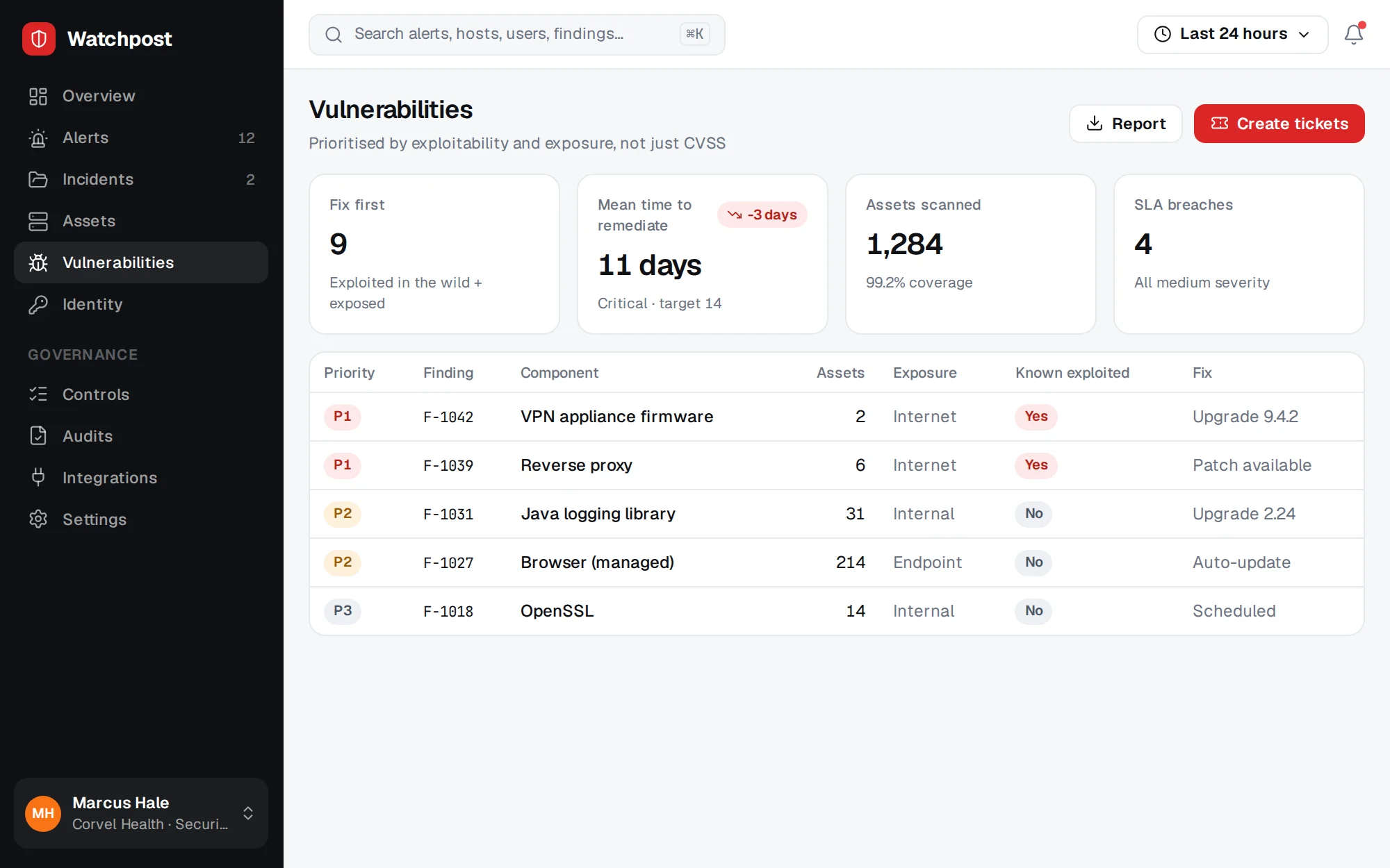Watchpost web app screenshot: Vulnerabilities